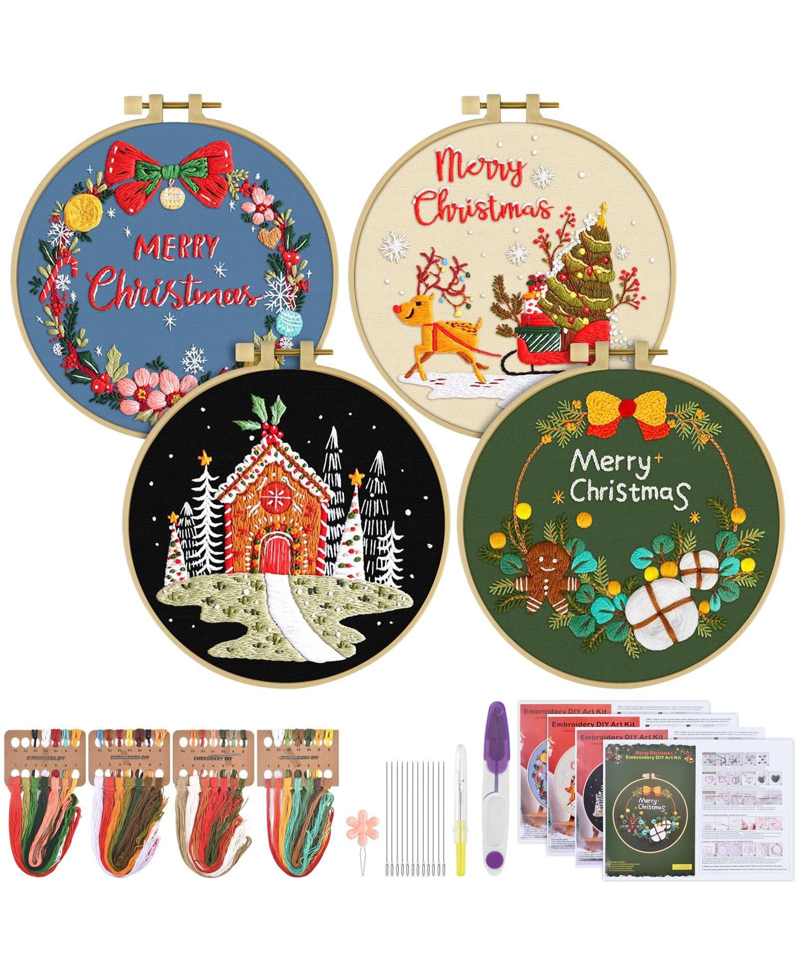 GNUADZ 4 Sets Christmas Embroidery Kit Beginners Cross Pattern Hoops Threads