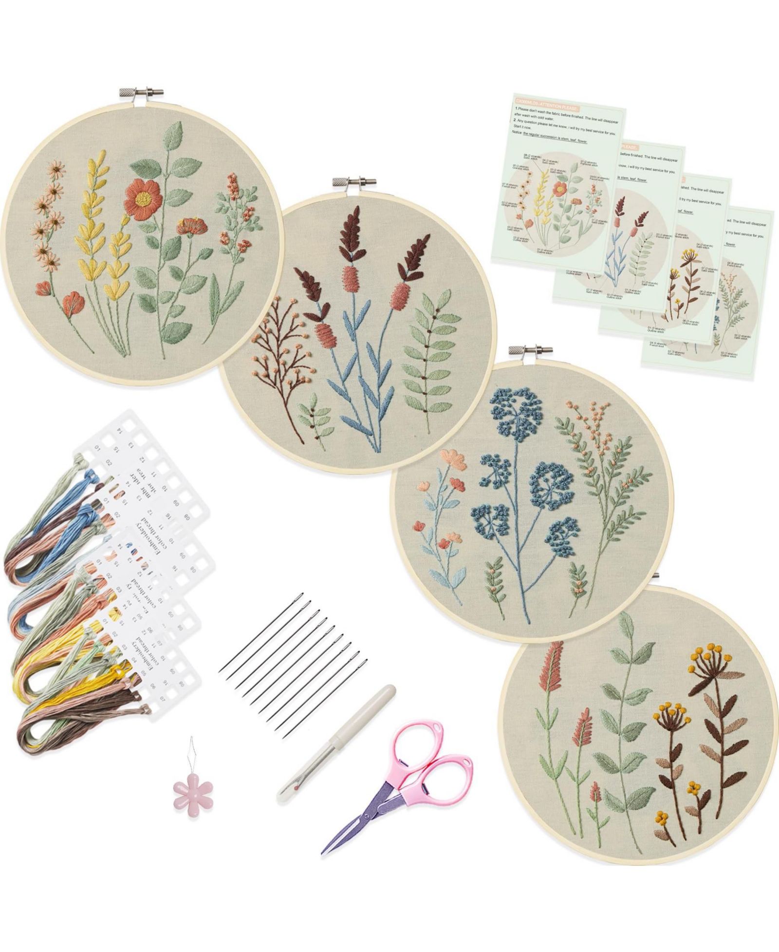 GNUADZ 4 Sets Embroidery Kit Beginners Clothes Pattern Hoops Threads