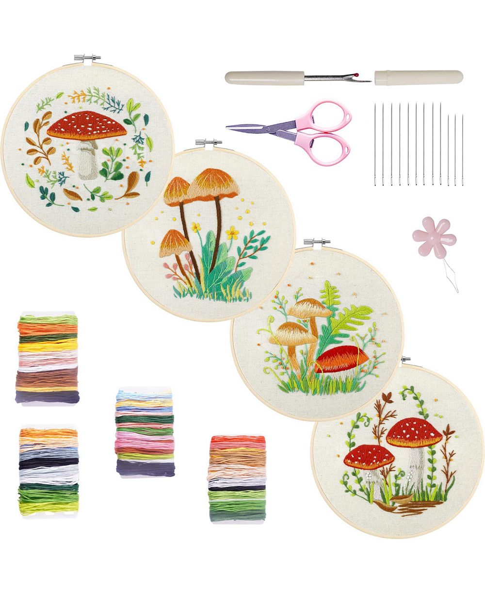 GNUADZ 4 Sets Embroidery Kit Beginners Mushroom Pattern Hoops Threads