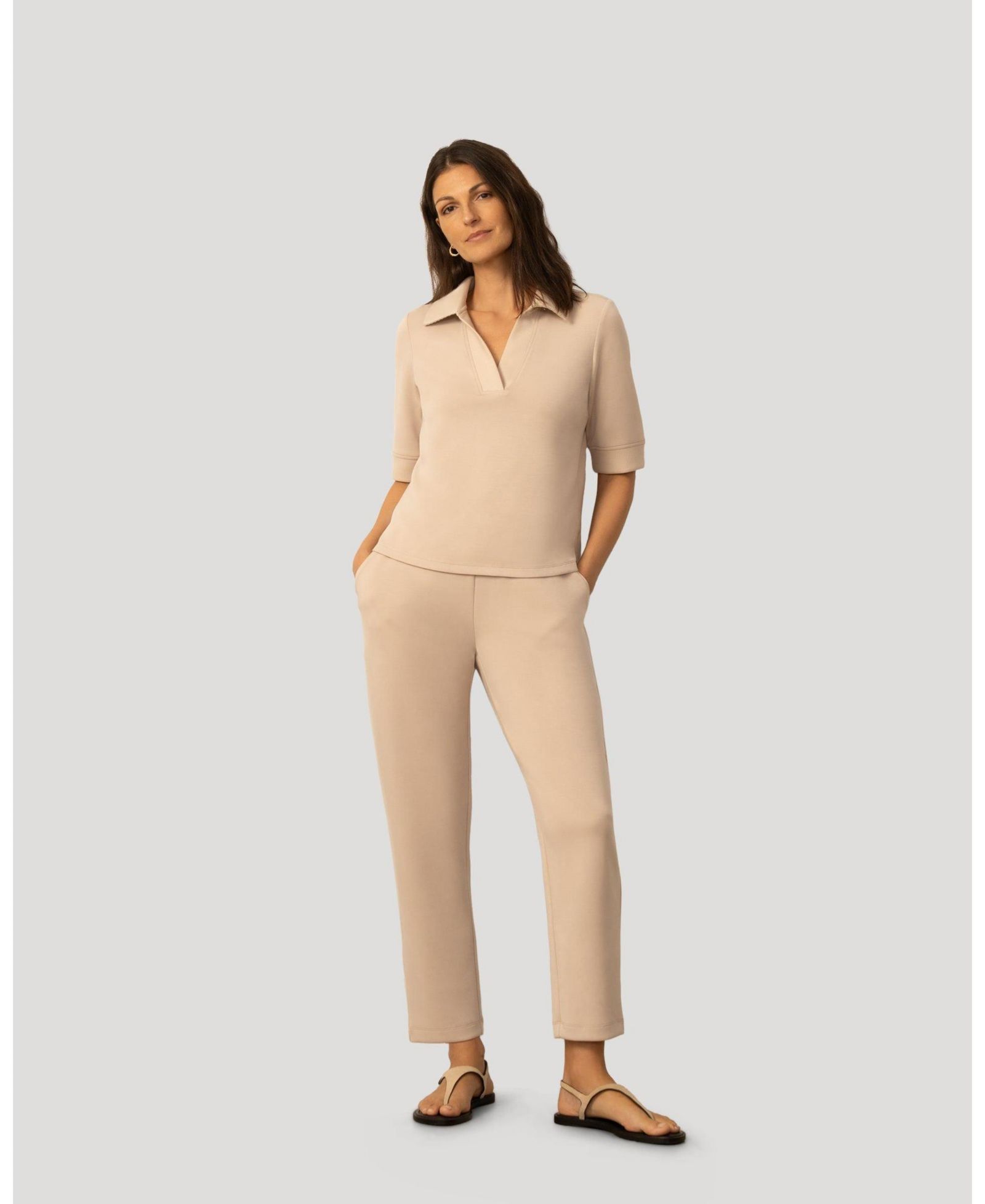 Женский комплект из топа и брюк Cable & Gauge Rib Collar Polo Top and Pant Set
