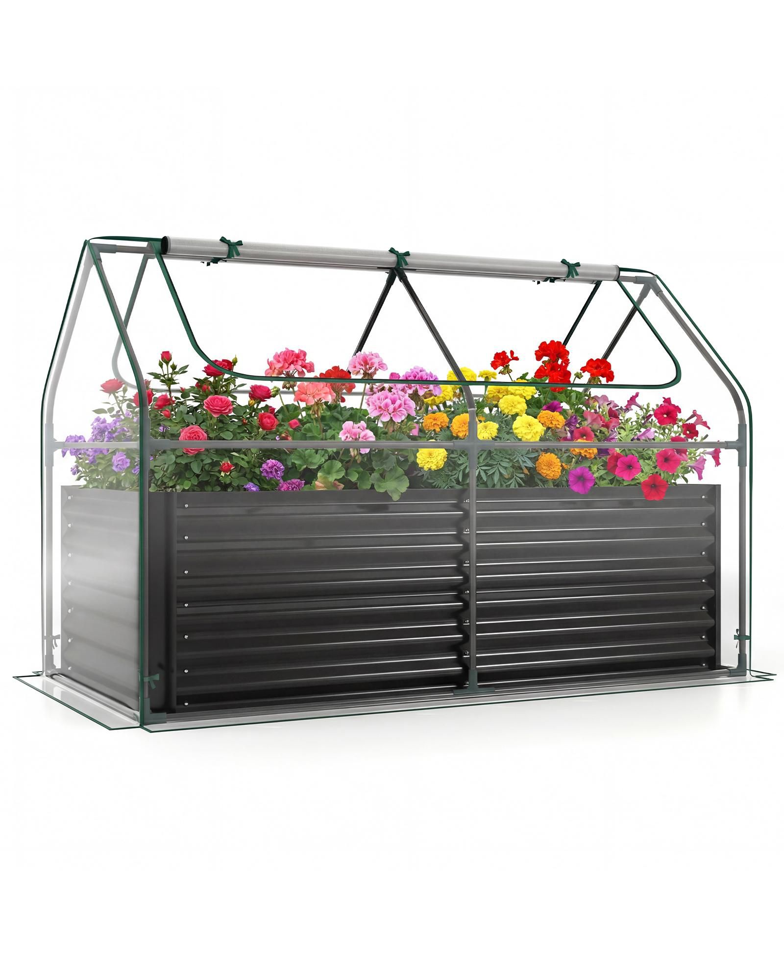 Gymax Galvanized Raised Garden Bed w/ Cover Planter Box w/ Mini Greenhouse Sliver and Clear