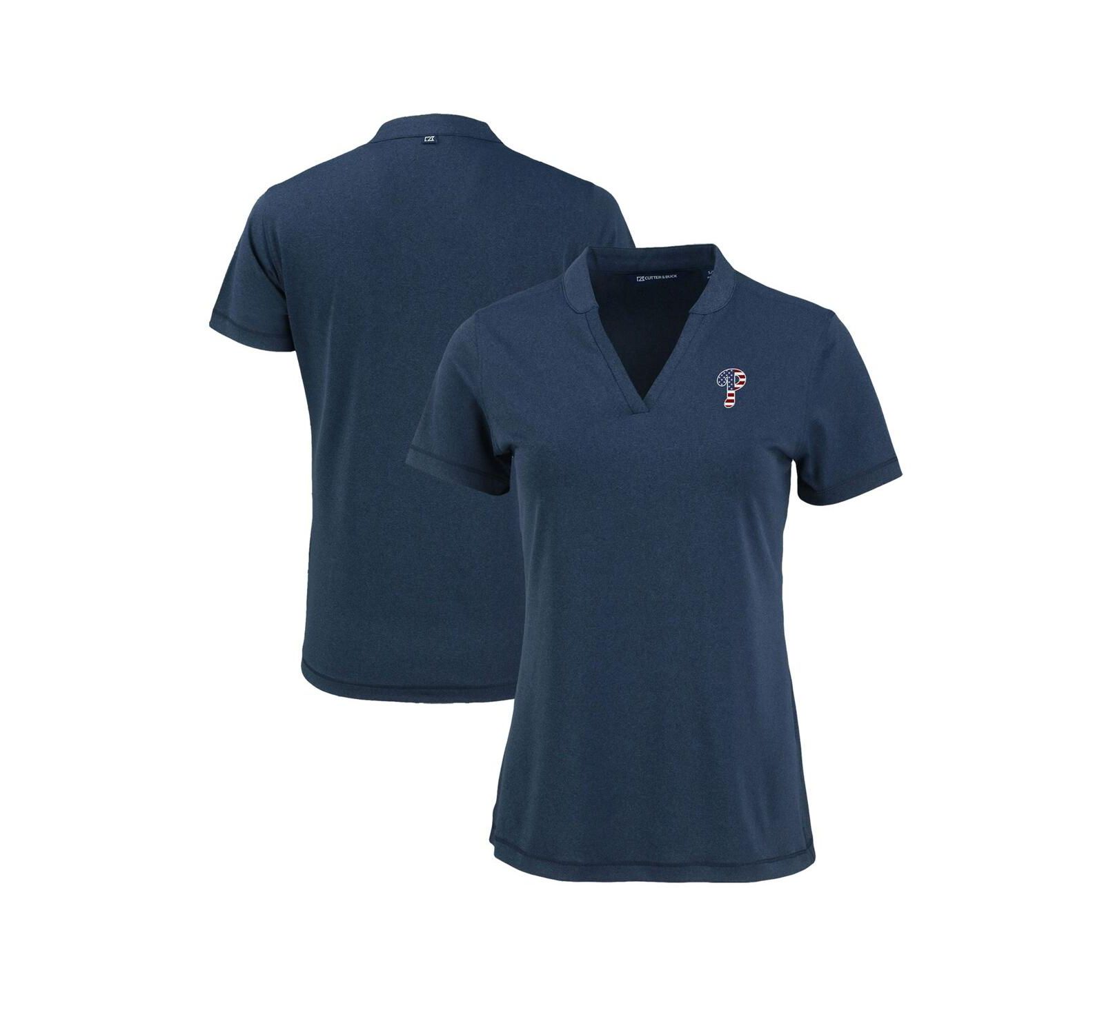 Мужская рубашка-поло Cutter & Buck Women's Heather Navy Philadelphia Phillies Forge Stretch Blade DryTec V-Neck Polo Shirt