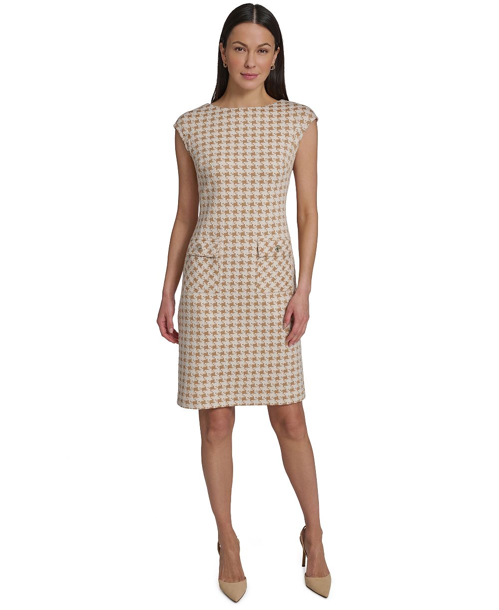 Tommy Hilfiger Women's Cap-Sleeve Pixelated Houndstooth Pocket Sheath Dress
