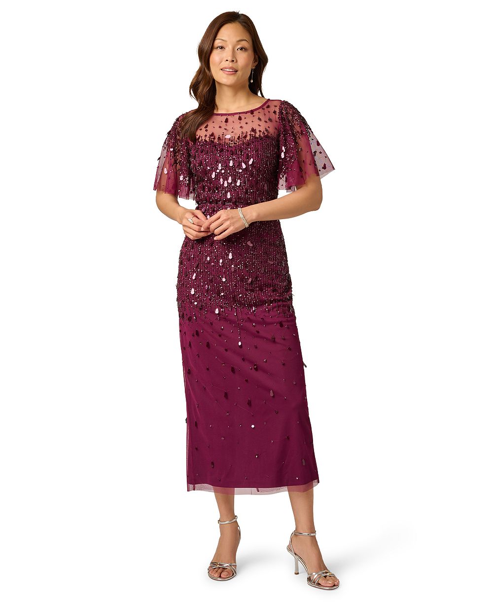 Платье Petite Adrianna Papell Beaded Mesh Flutter-Sleeve