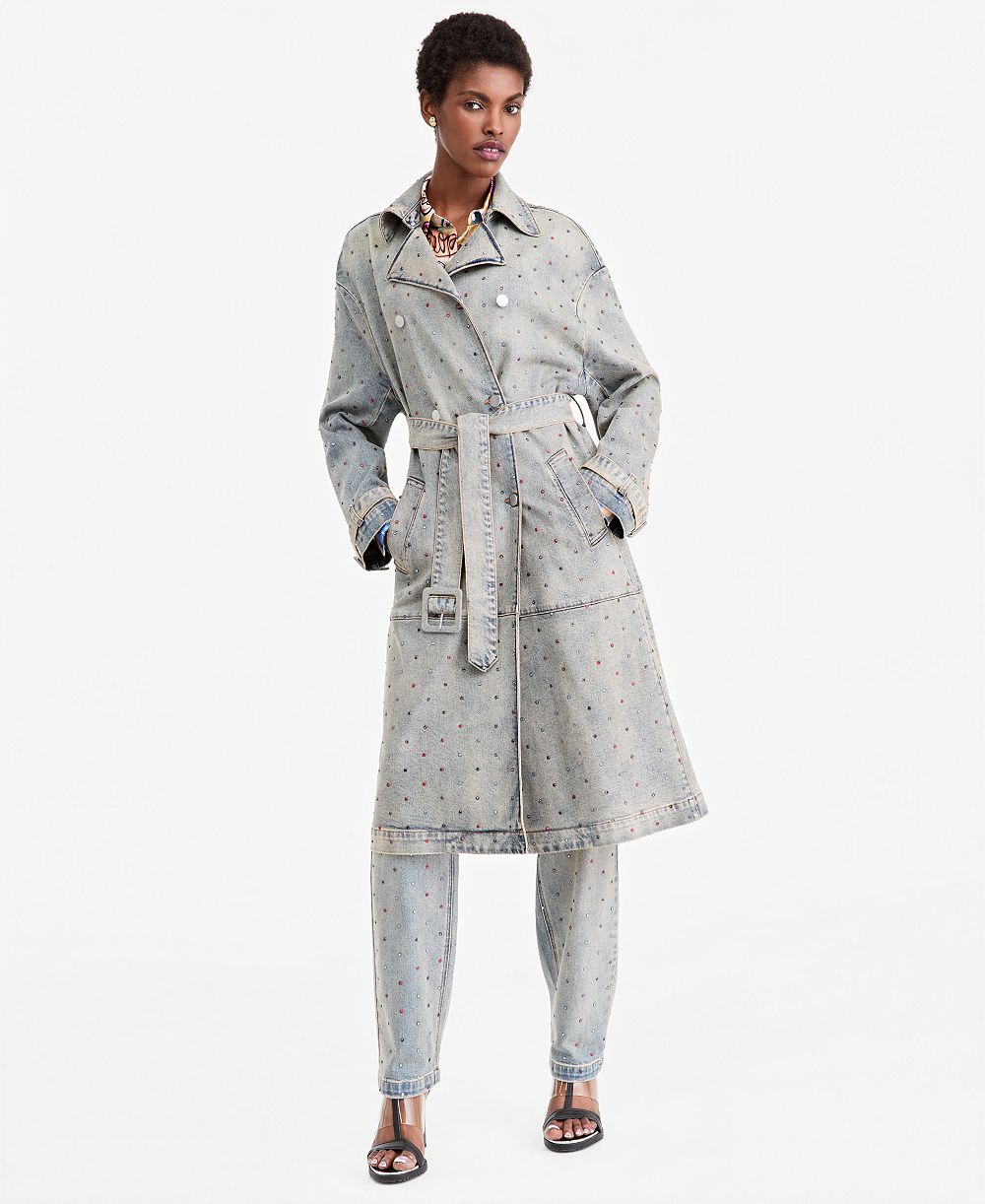 Theophilio | Macy's Women's Double-Breasted Belted Rhinestone Denim Trench Coat, Macy's Exclusive