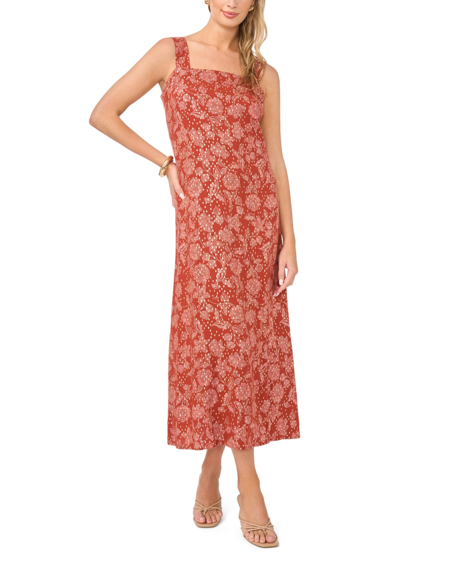 Vince Camuto Women's Floral Square-Neck Smocked-Back Sleeveless Maxi Dress