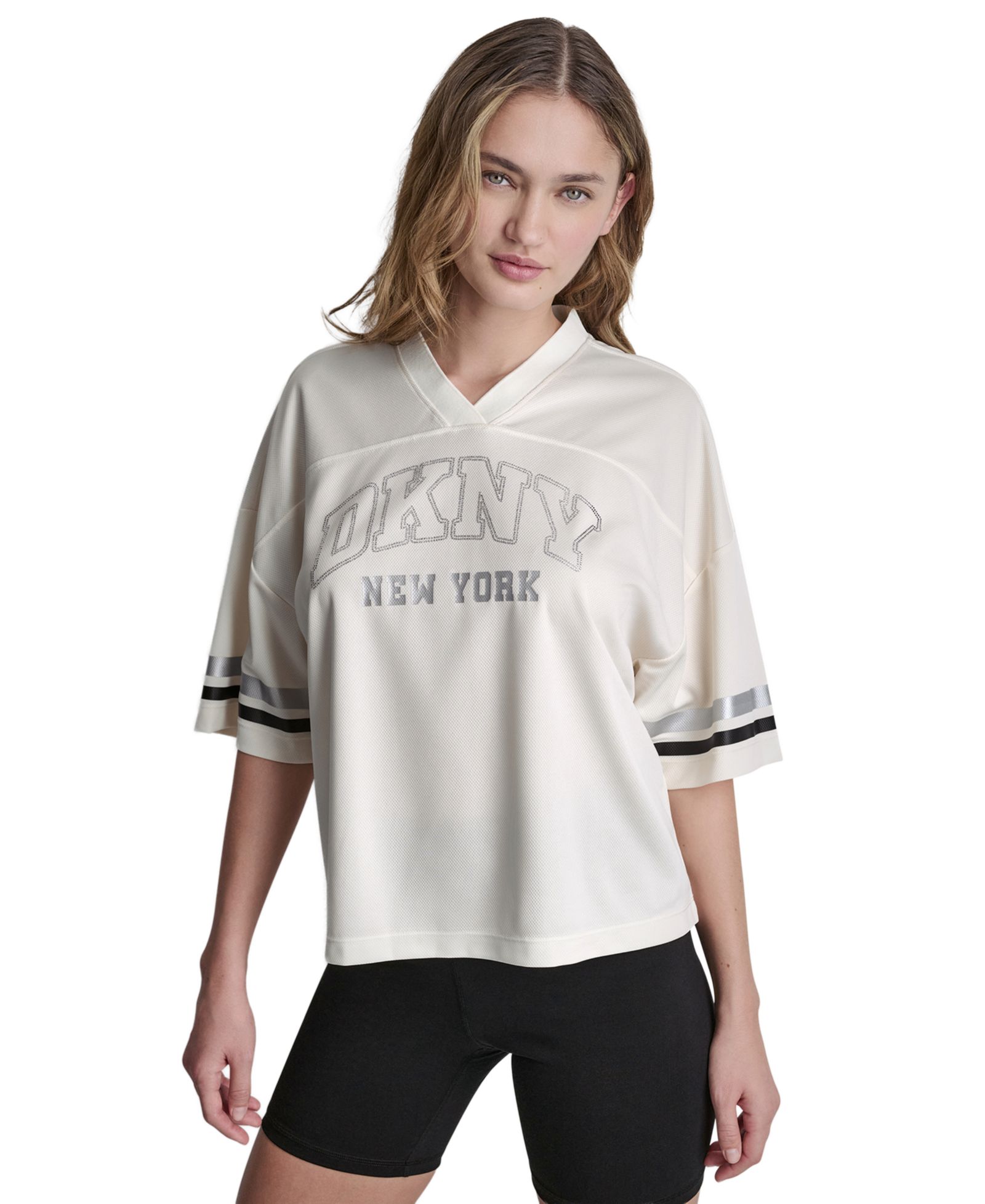DKNY Sport Женский спортивный джерси Varsity с пайетками и V-образным вырезом