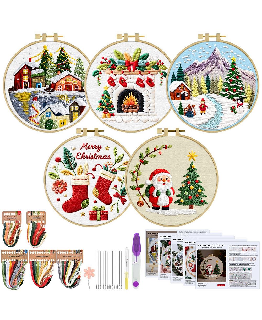 GNUADZ 5 Sets Embroidery Kit Beginners Flower Cross Stitch  Cat