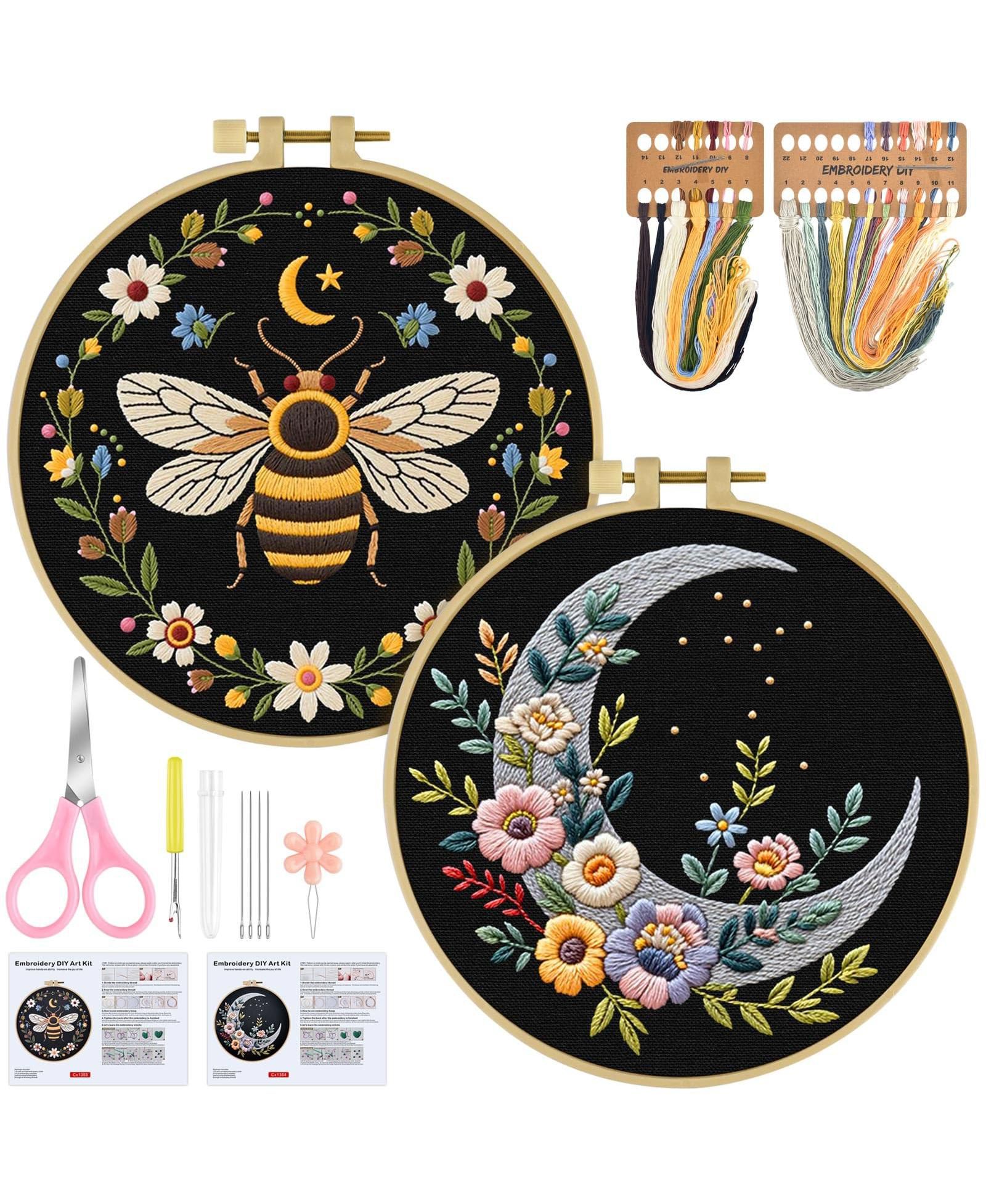 GNUADZ 2 Set Embroidery Kit Beginners Floral Cross Cloth Hoops Threads