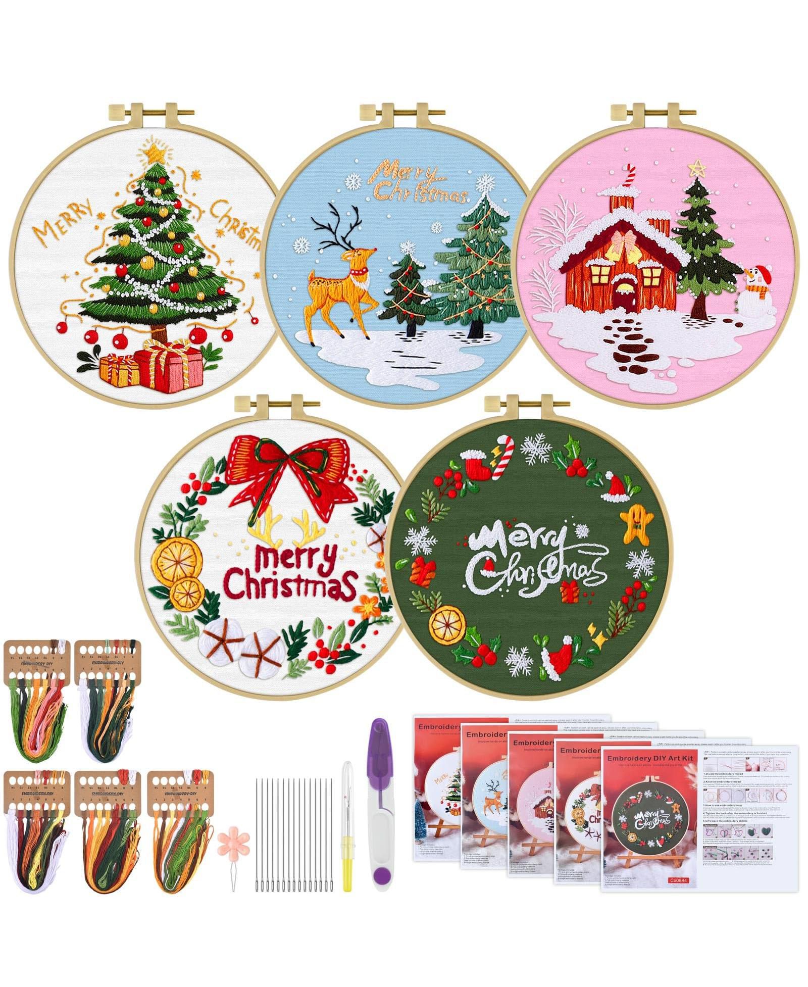 GNUADZ 5Sets Embroidery Kit Beginners Cross Stitch Hoops Threads