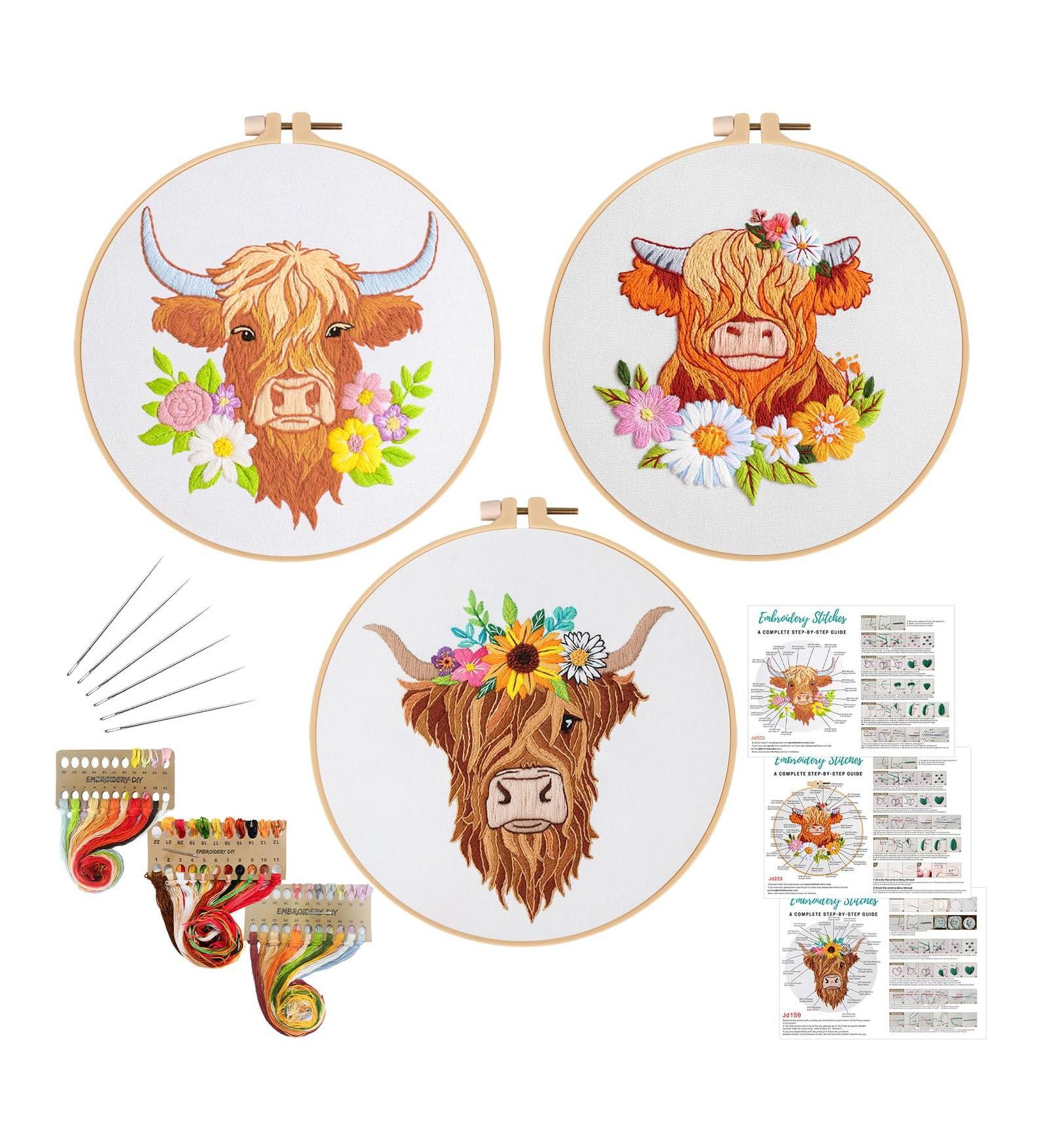 GNUADZ 3 Sets Embroidery Kits Beginners Hoop Instruction