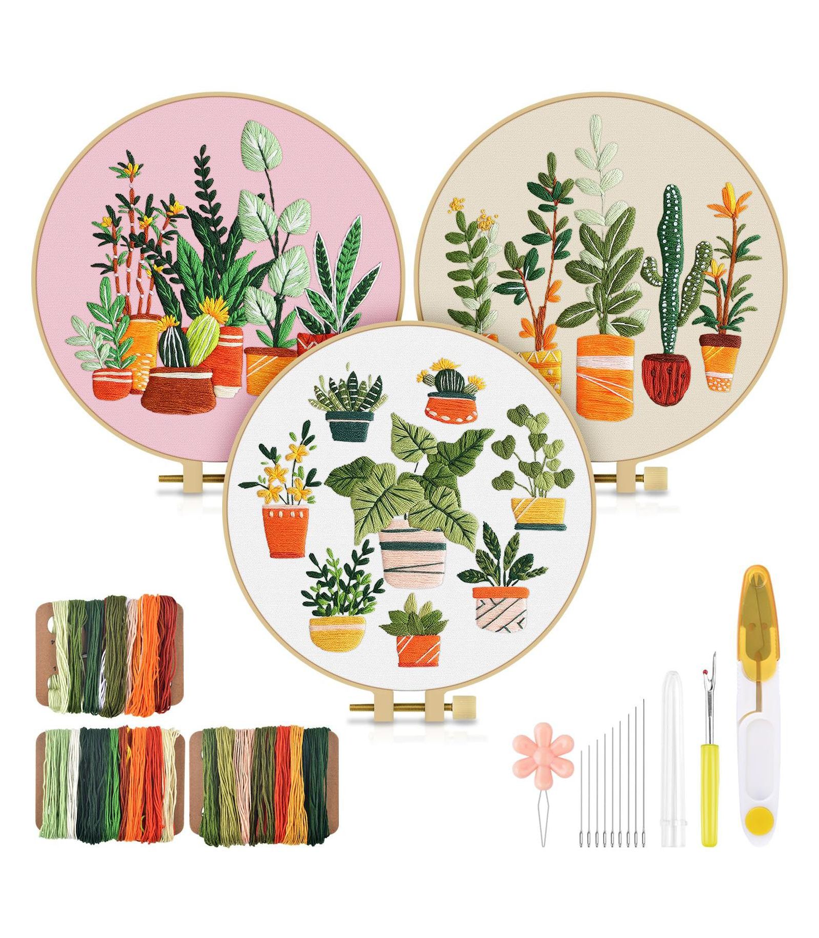 GNUADZ 3 Pack Embroidery Kit Adult DIY Stamped Patterns Plants