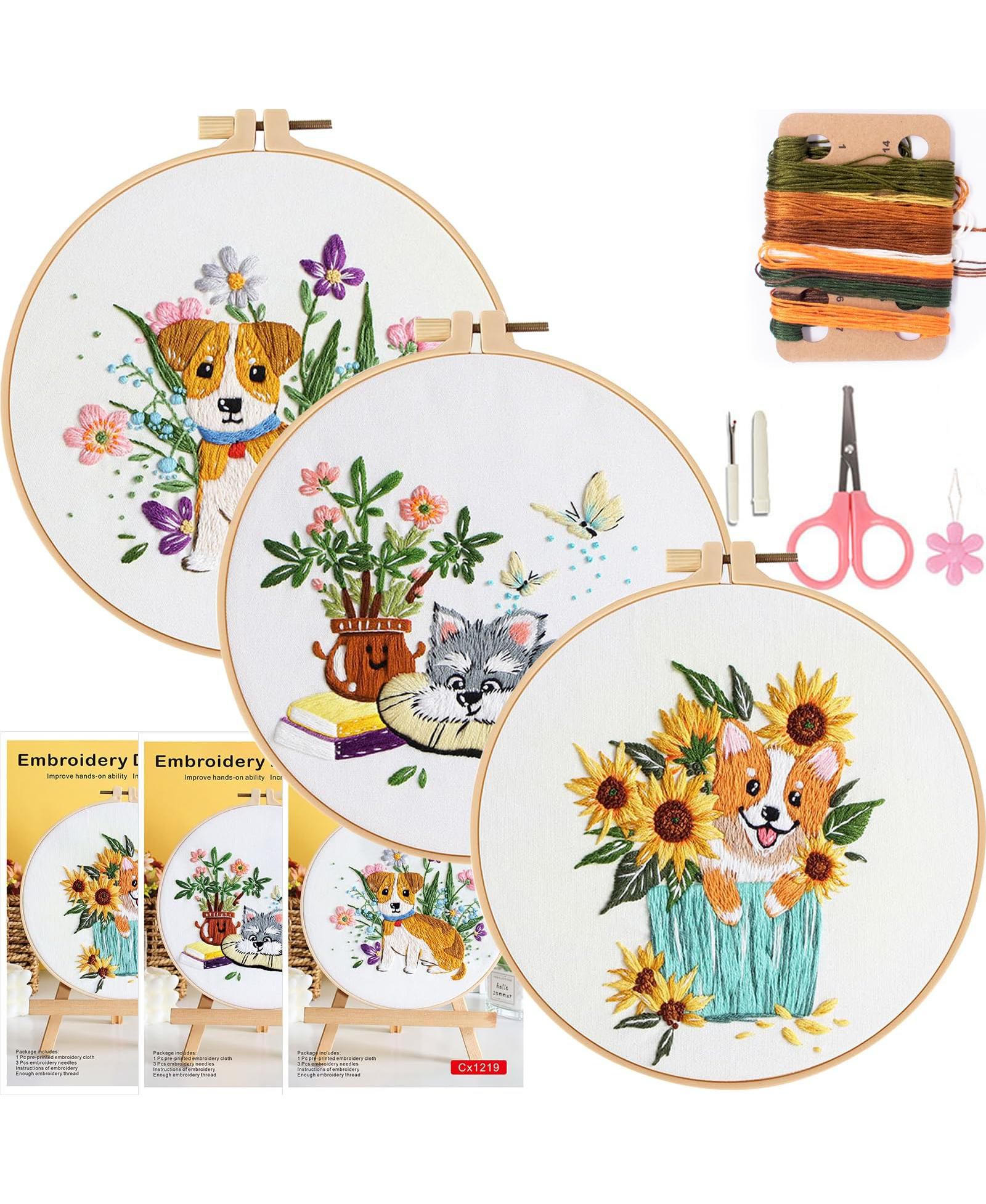GNUADZ 3 Sets Embroidery Kit Beginners Dog Flower Pattern Hand Adults Instruction Video
