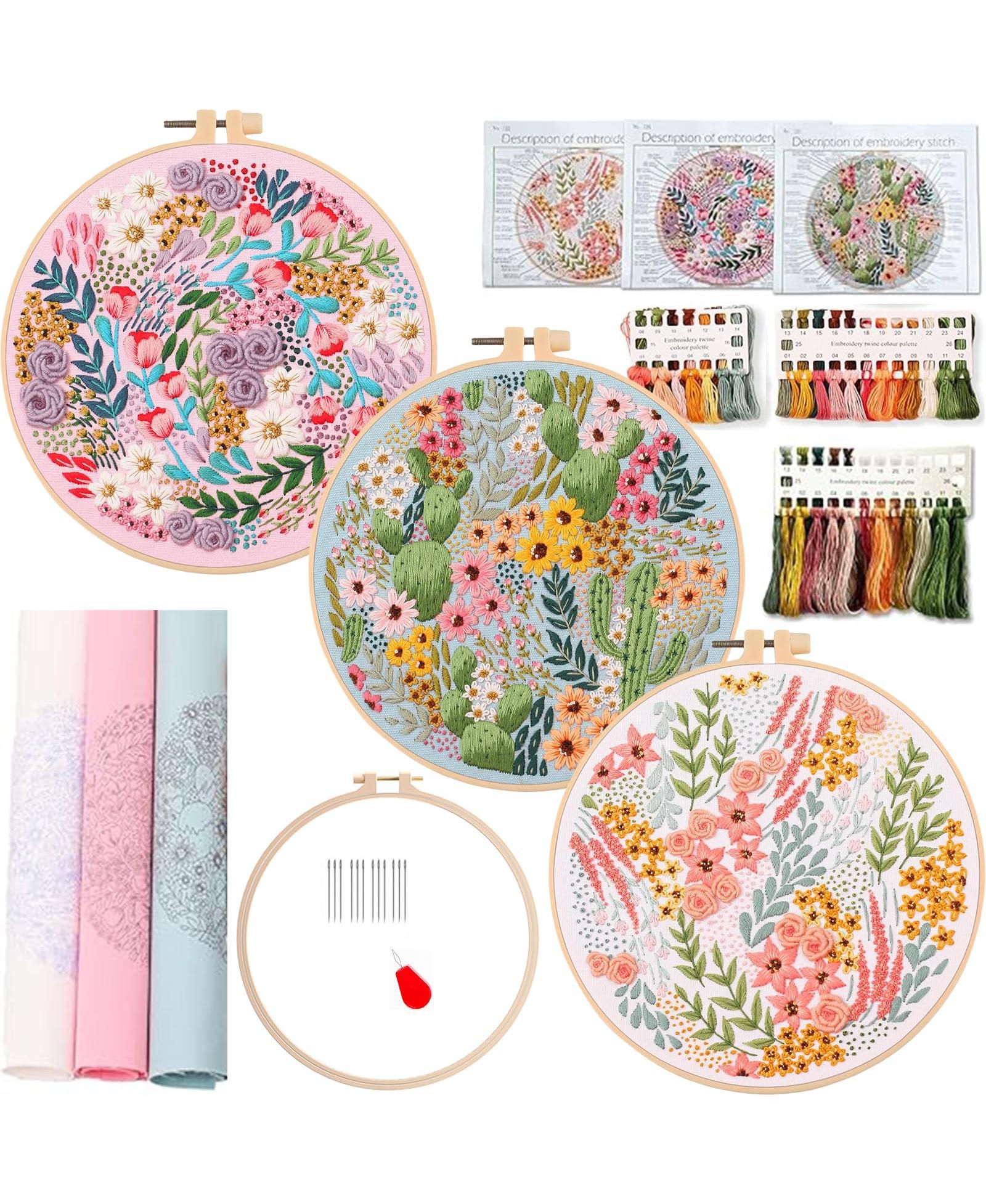 GNUADZ 3 Flower Flower Embroidery Kit Beginners Hoop DIY Craft