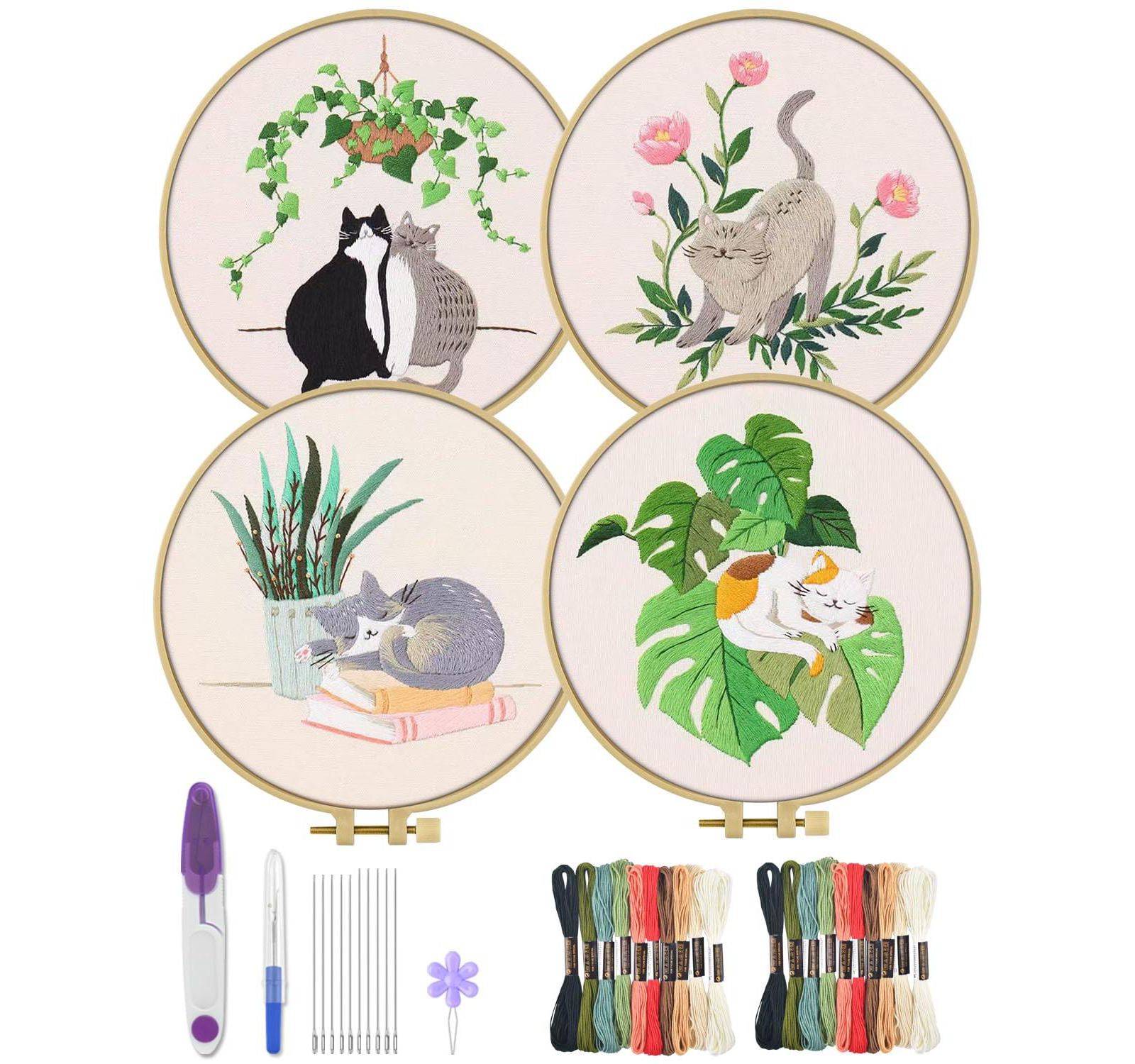 GNUADZ 4 Sets Embroidery Kit Animal Cross Cloth Hoops Threads Craft Hand