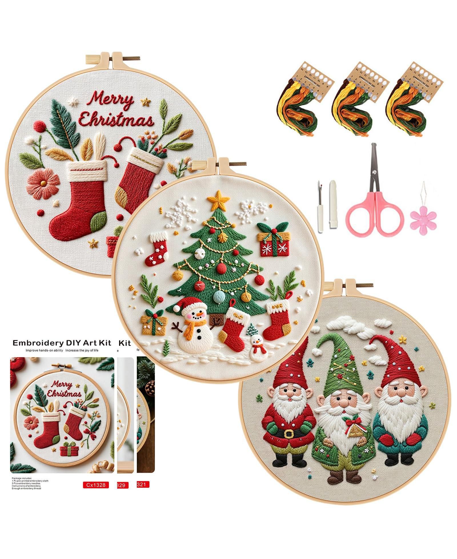 GNUADZ 3 Sets Christmas Embroidery Kit Beginners Santa Tree Pattern DIY Gift