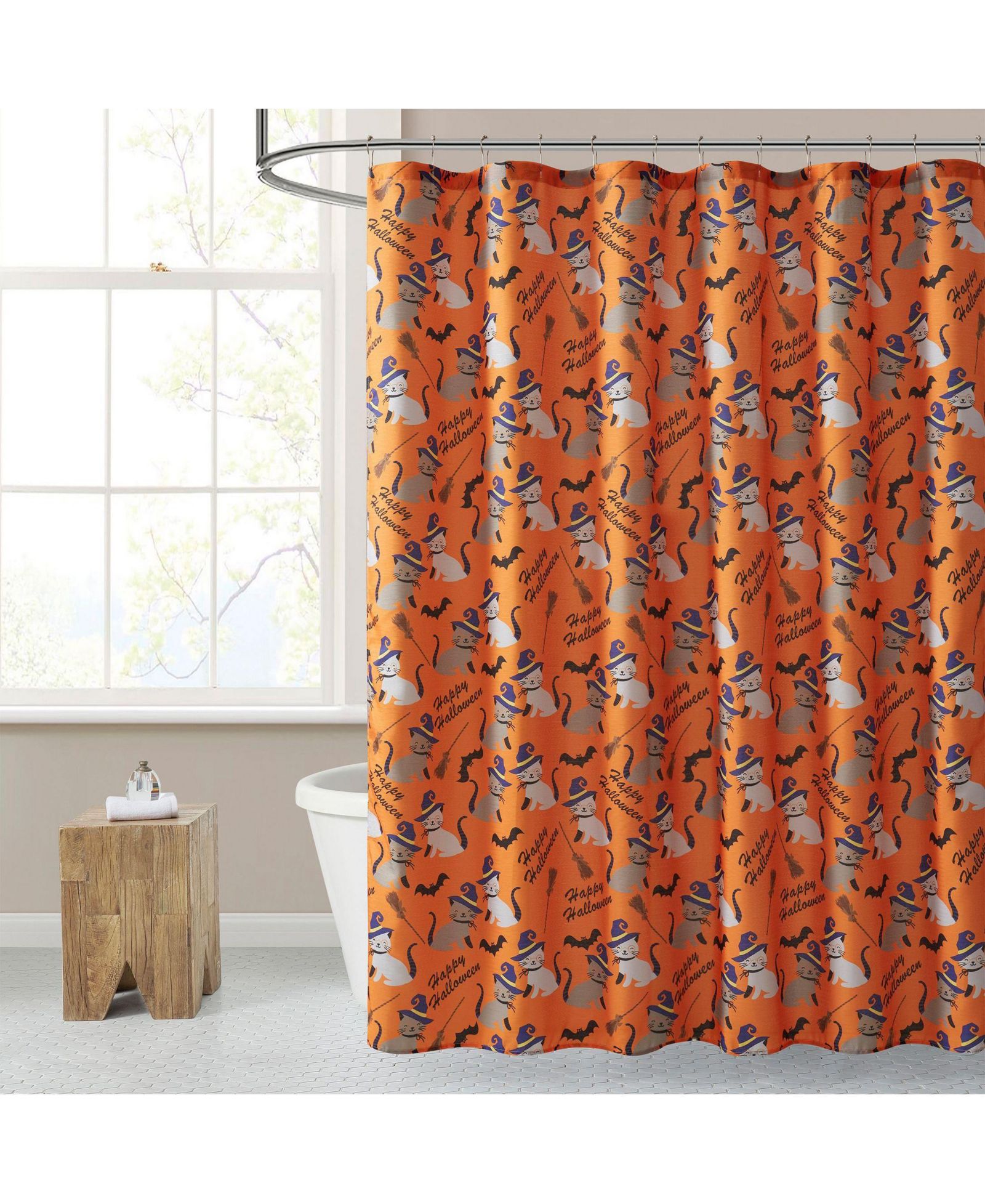 Kate Aurora занавеска для душа Halloween Accents Kitty Witches and Broomsticks Orange Fabric