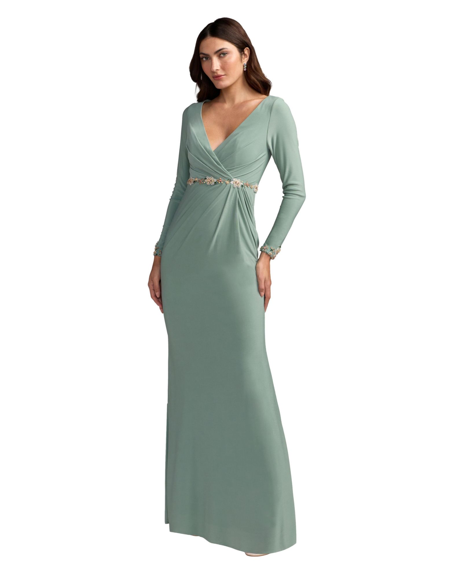 Женское платье Mac Duggal Jersey Long Sleeve V-Neck с расшитым поясом
