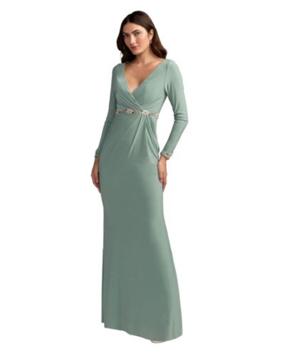 Женское платье Mac Duggal Jersey Long Sleeve V-Neck с расшитым поясом