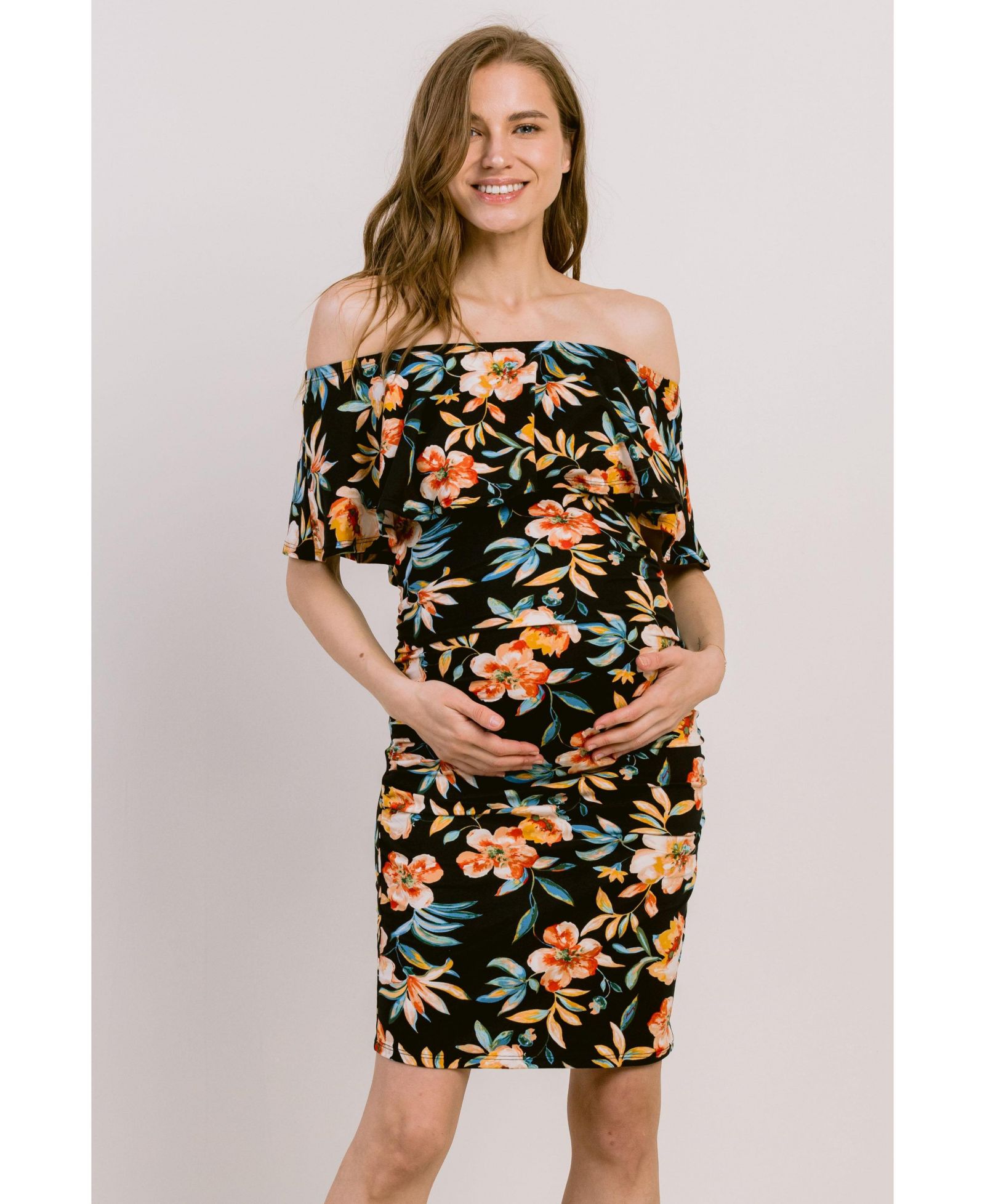 Hello Miz Women's Bodycon Floral Off-the-Shoulder Ruffle Dress