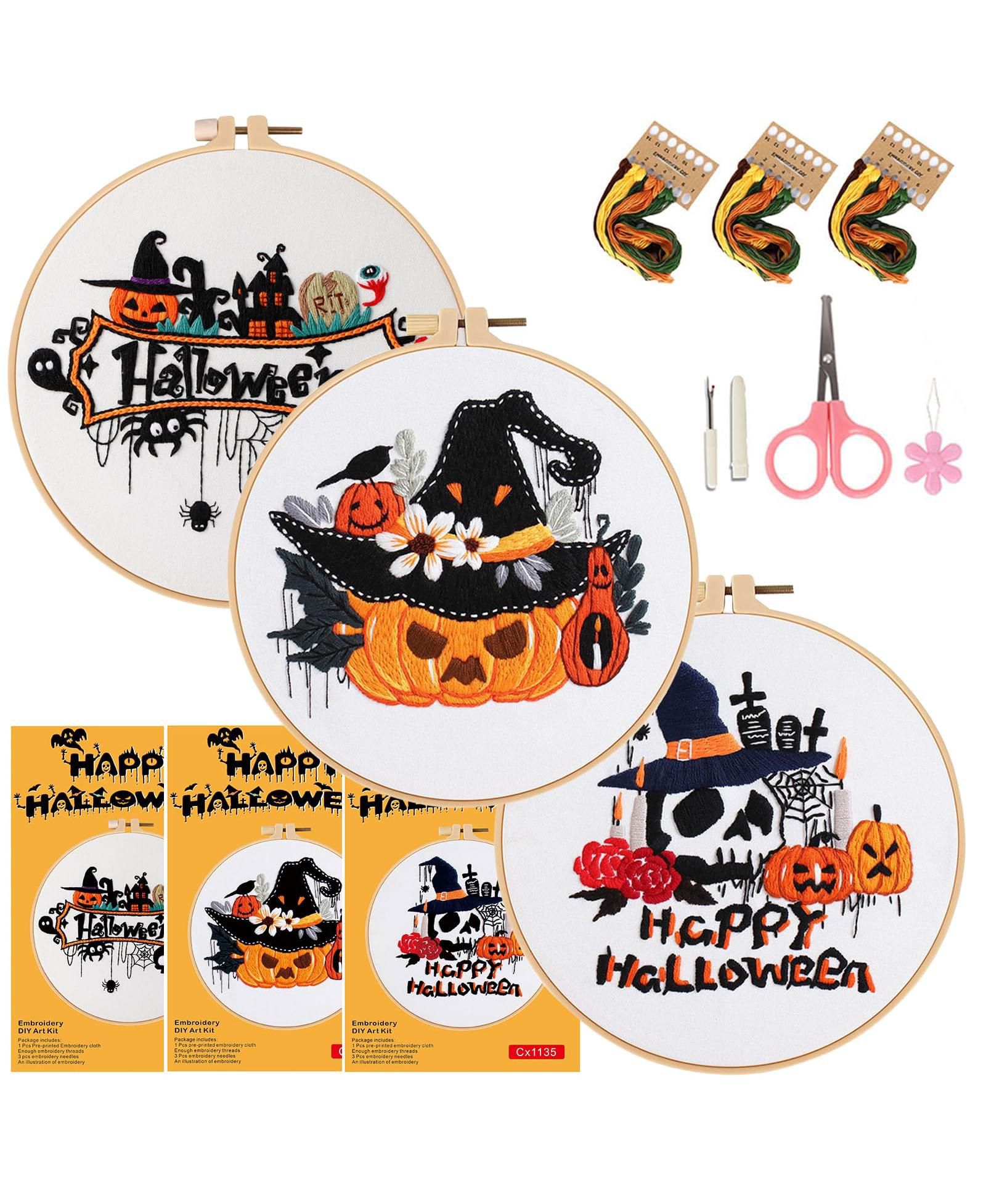 GNUADZ 3 Sets Embroidery Kit Gothic Cross Pumpkin Pattern DIY Gift