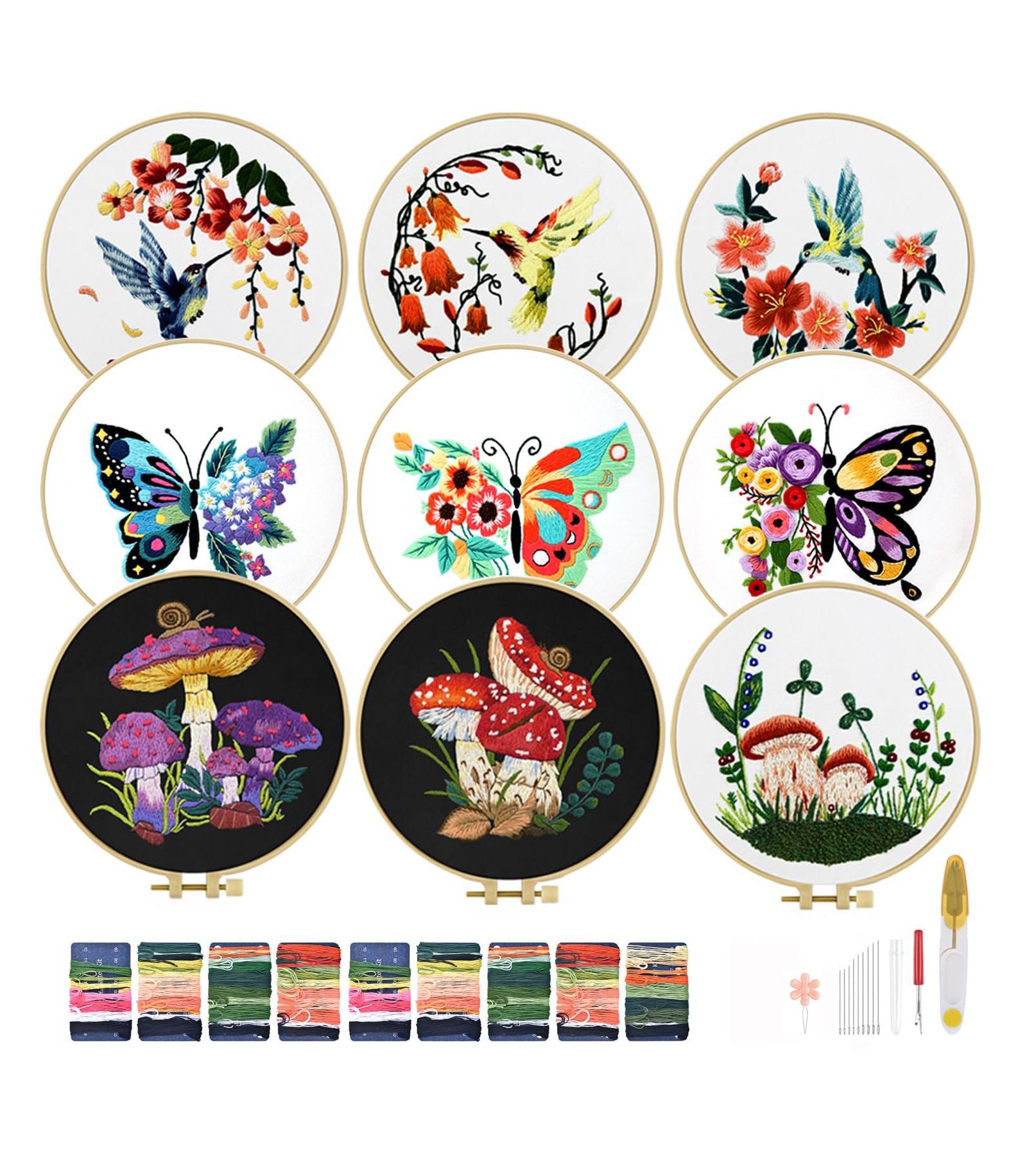 Набор для вышивания GNUADZ 9 Sets Embroidery Kit Beginner Hummingbird Butterfly Mushroom Flower Hoop Threads Techniques