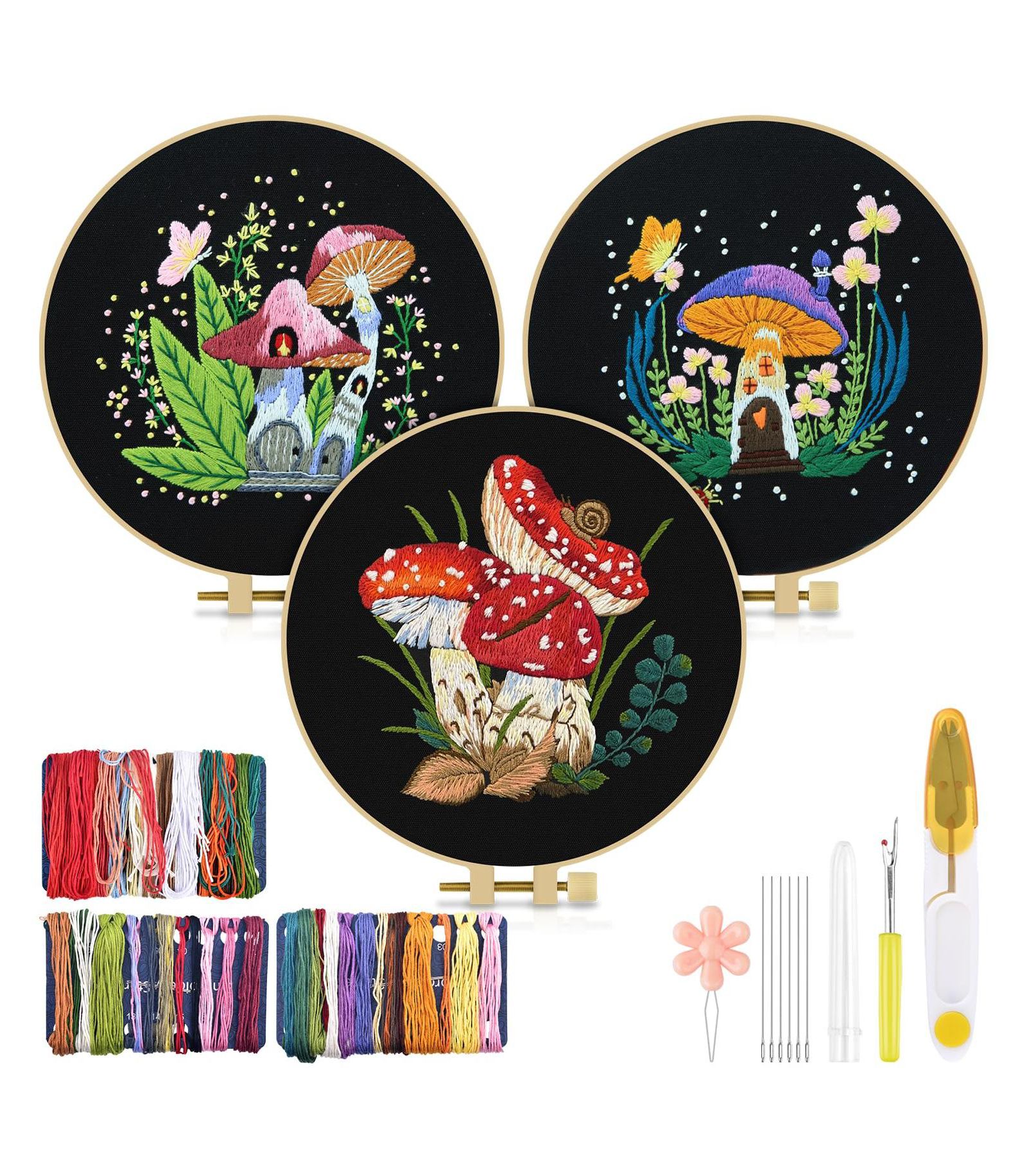 GNUADZ Embroidery Kit Mushroom Beginners Cloth Hoops Threads