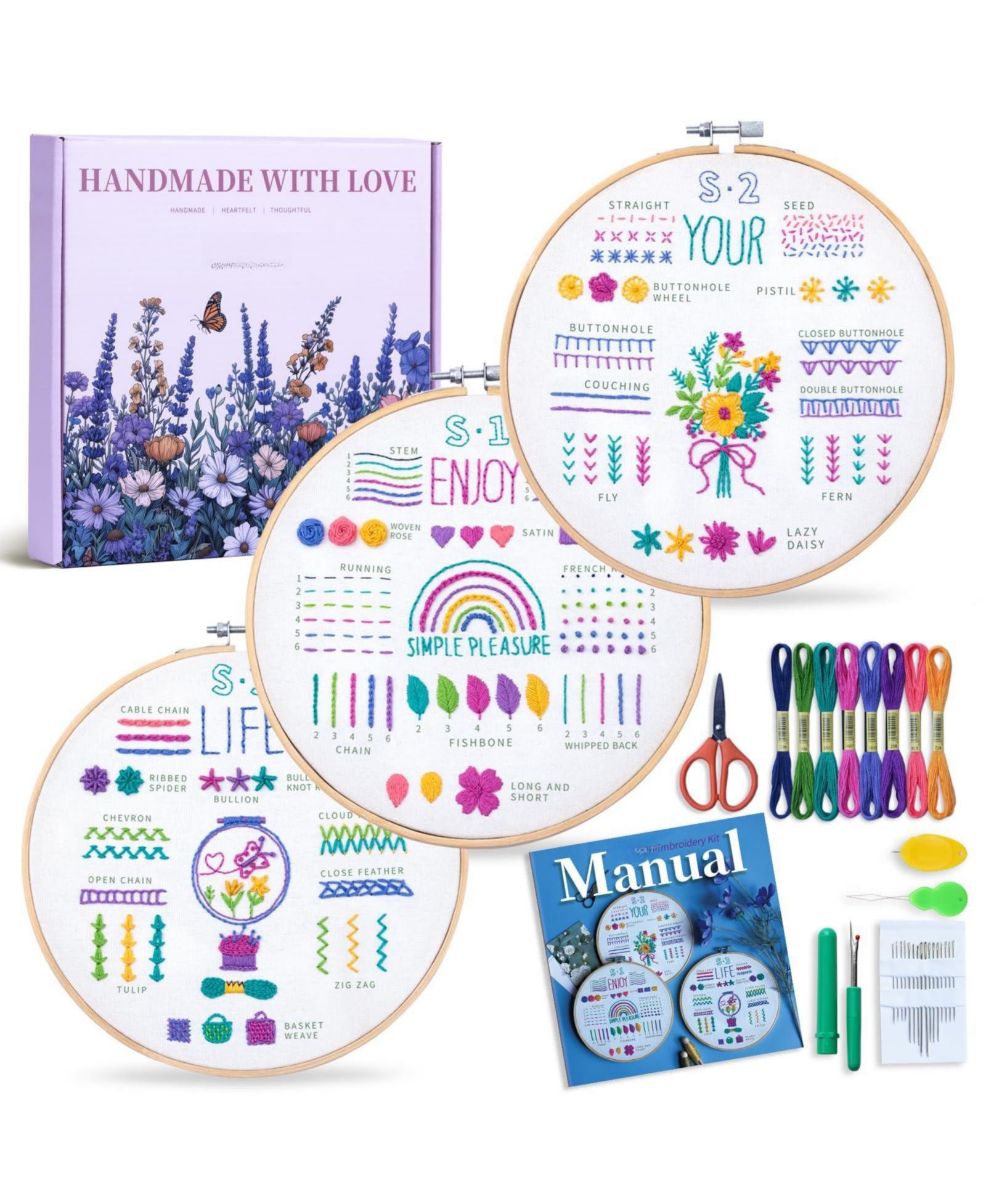 GNUADZ 3-pack Embroidery Kit Beginners Adults Learn Stitches DIY Patterns Hoop Threads Tools Instructions Tutorials