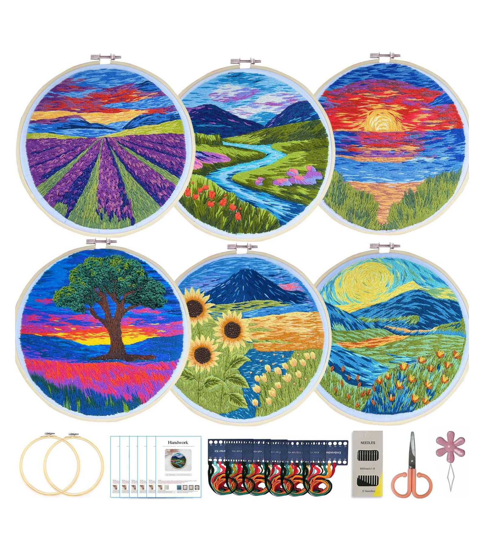 GNUADZ 6 Pack Embroidery Starter Kit Stamped Cross Stitch Beginner Hoop Instructions Landscape Scenery Set