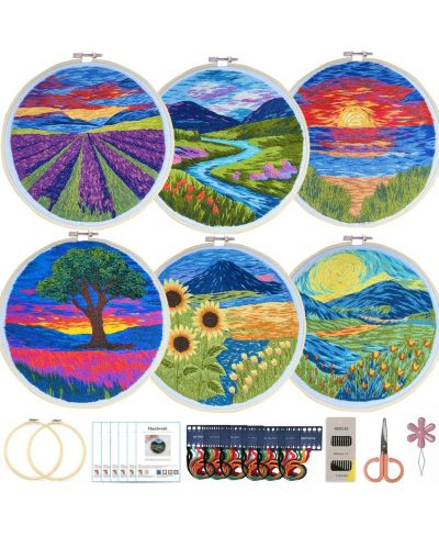 GNUADZ 6 Pack Embroidery Starter Kit Stamped Cross Stitch Beginner Hoop Instructions Landscape Scenery Set