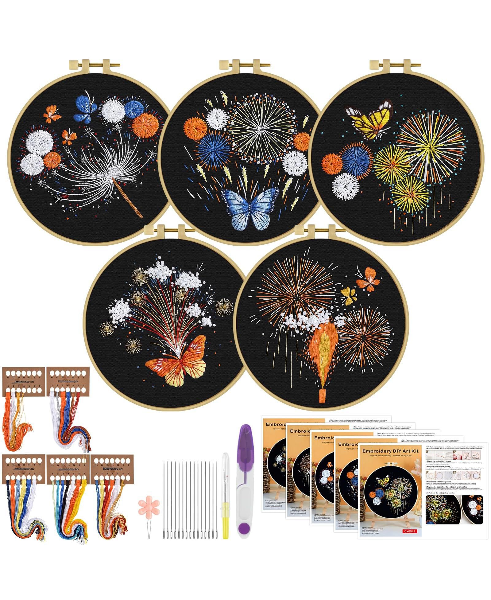 GNUADZ 5 Sets Embroidery Kit Fireworks Butterfly Beginners Set