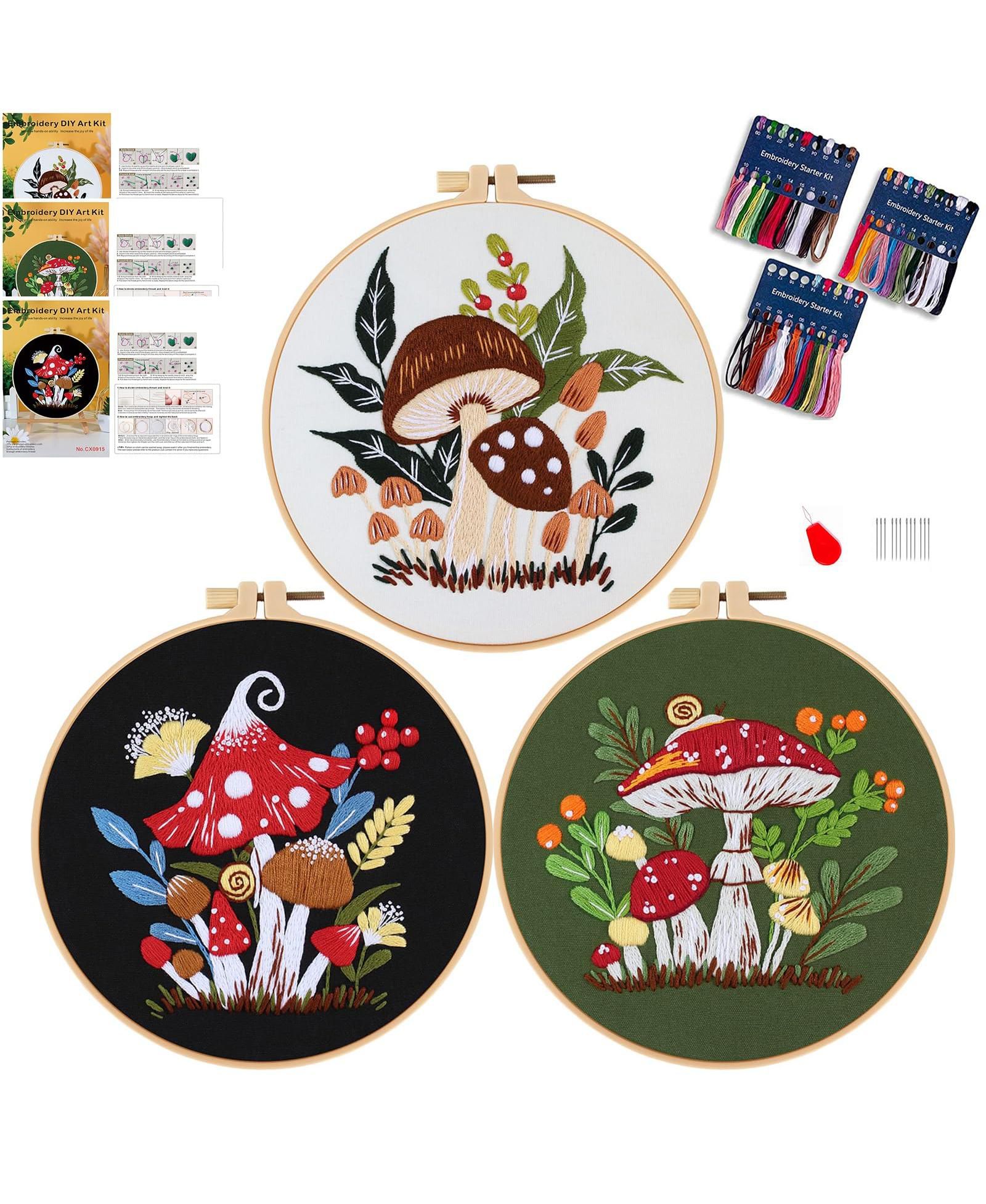 GNUADZ 3 Sets Mushroom Embroidery Kit Beginners Hoop DIY Craft