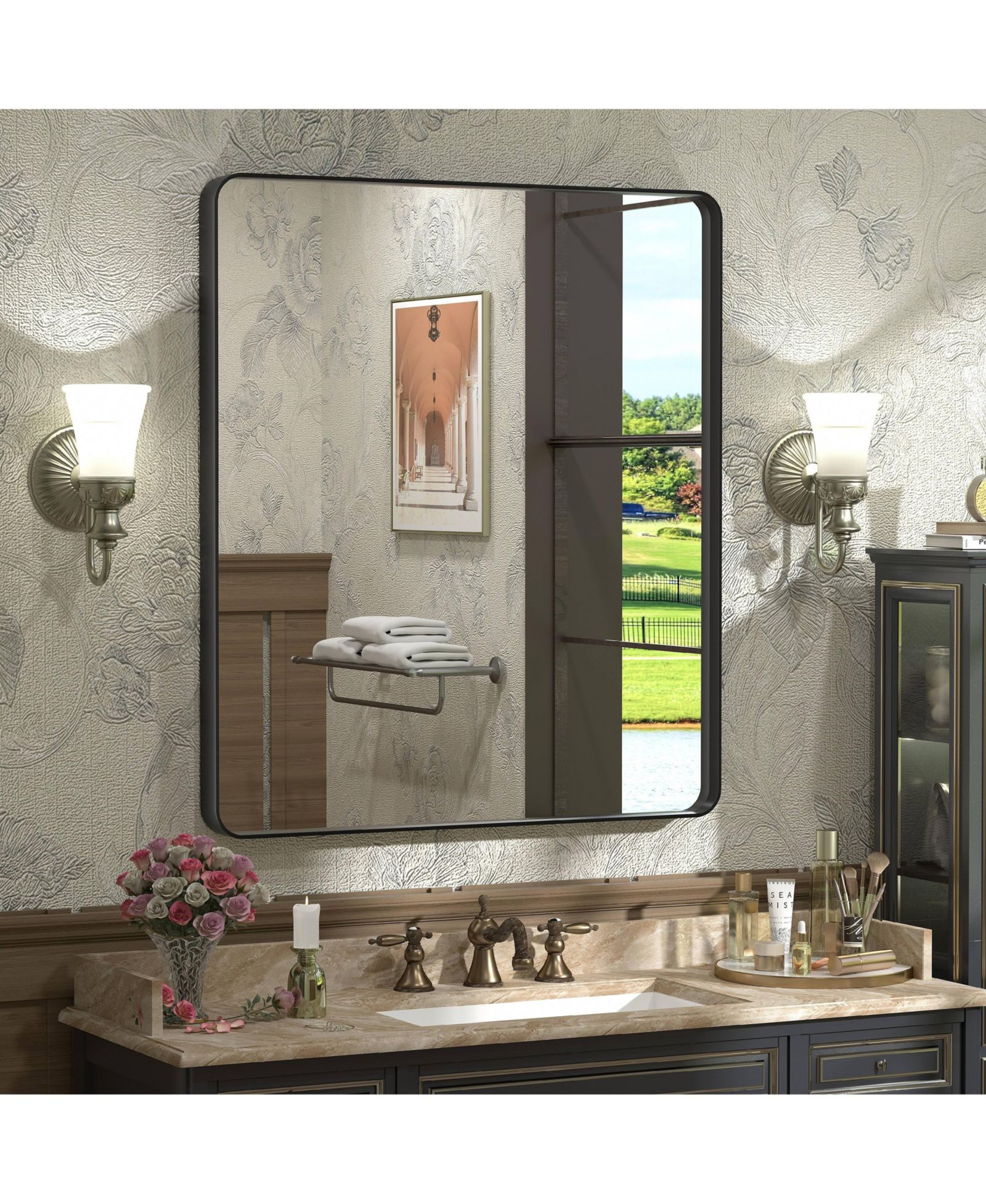 Apmir 28" x 32" High-Strength Tempered Glass and Aluminum Alloy Framed Wall Decor Bathroom Vanity Mirror