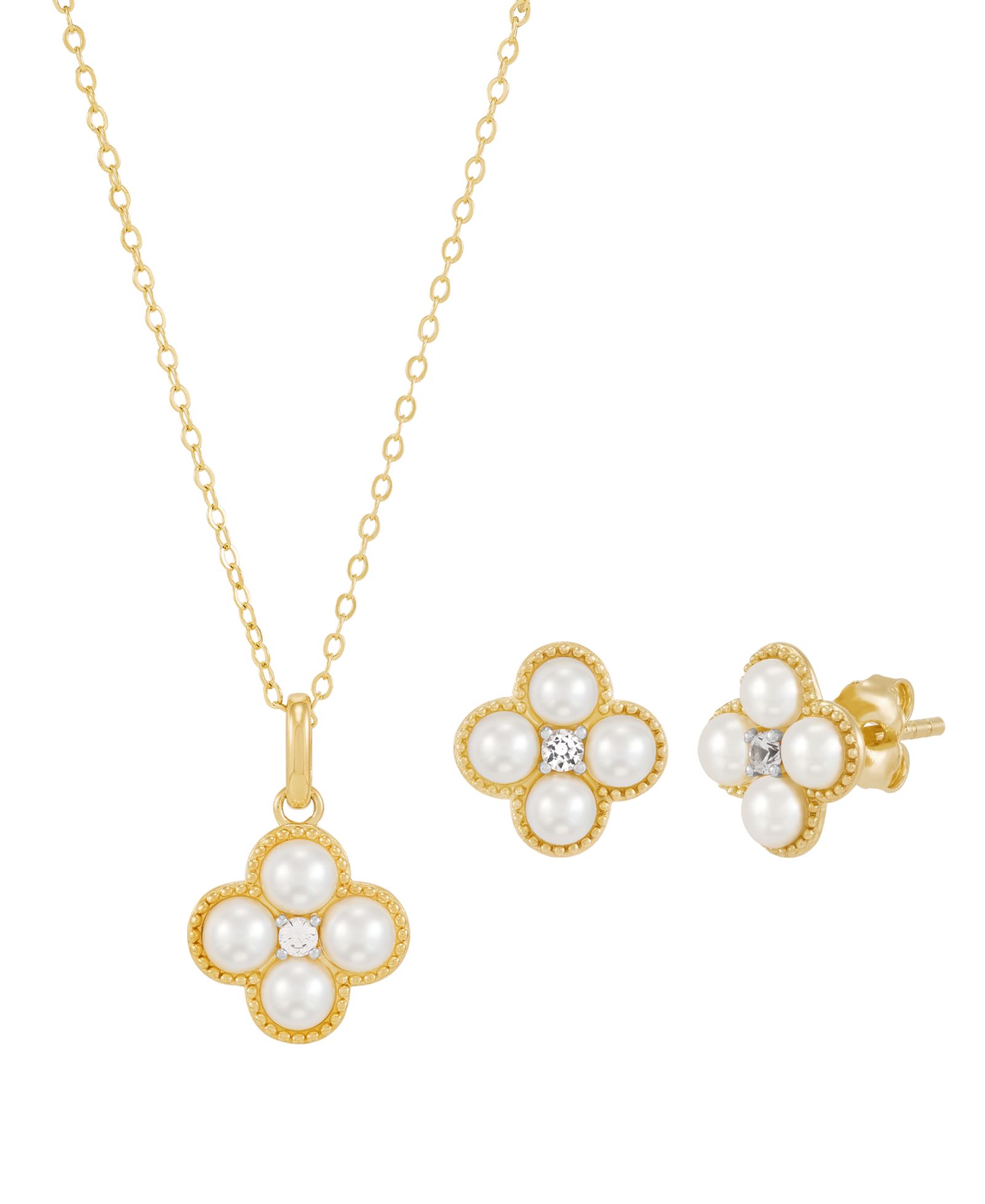 Macy's 2-Piece Cultured Freshwater Pearls & Lab Grown White Sapphire (1/6 ct. t.w.) Necklace & Earring Set in 14k Yellow Gold-Plated Sterling Silver