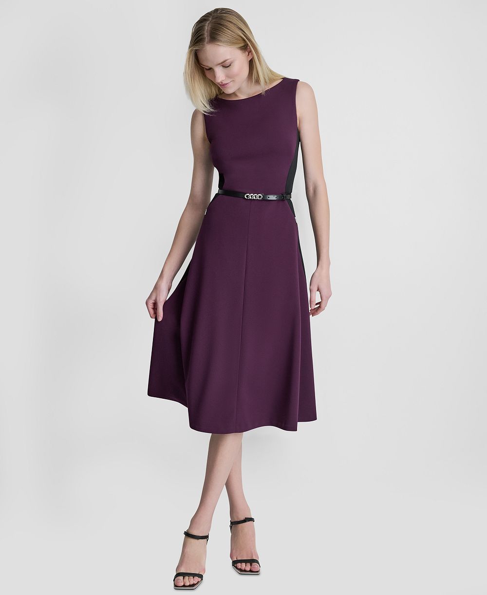 DKNY Women's Sleeveless Boat Neck Belted Midi Dress