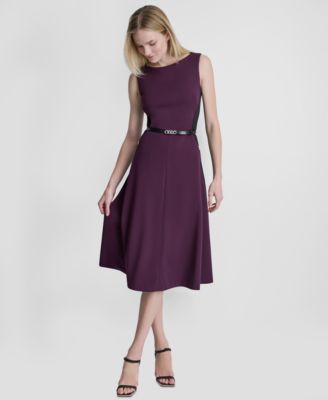 DKNY Women's Sleeveless Boat Neck Belted Midi Dress