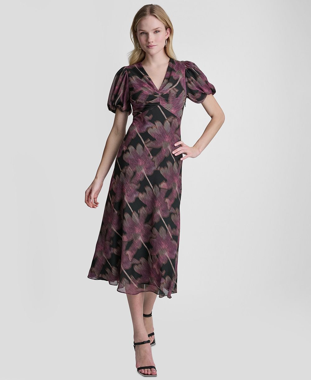 DKNY Women's Printed V-Neck Midi Dress