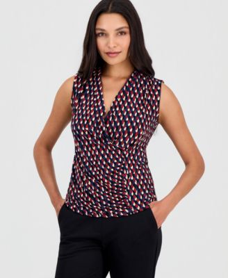 Топ Anne Klein Women's Printed Faux-Wrap без рукавов