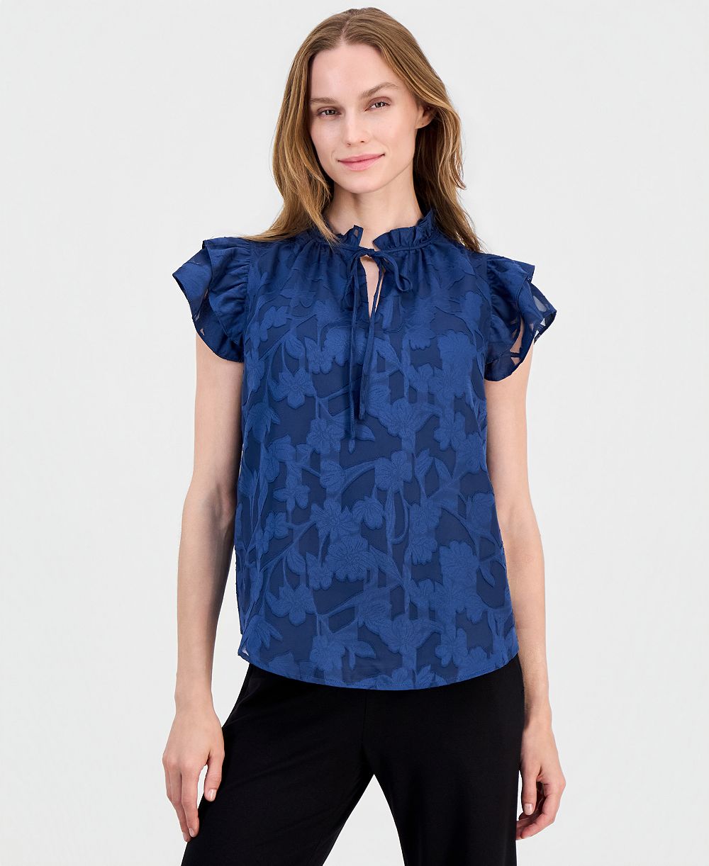 Anne Klein Women's Floral Ruffle-Sleeve Tie-Neck Blouse