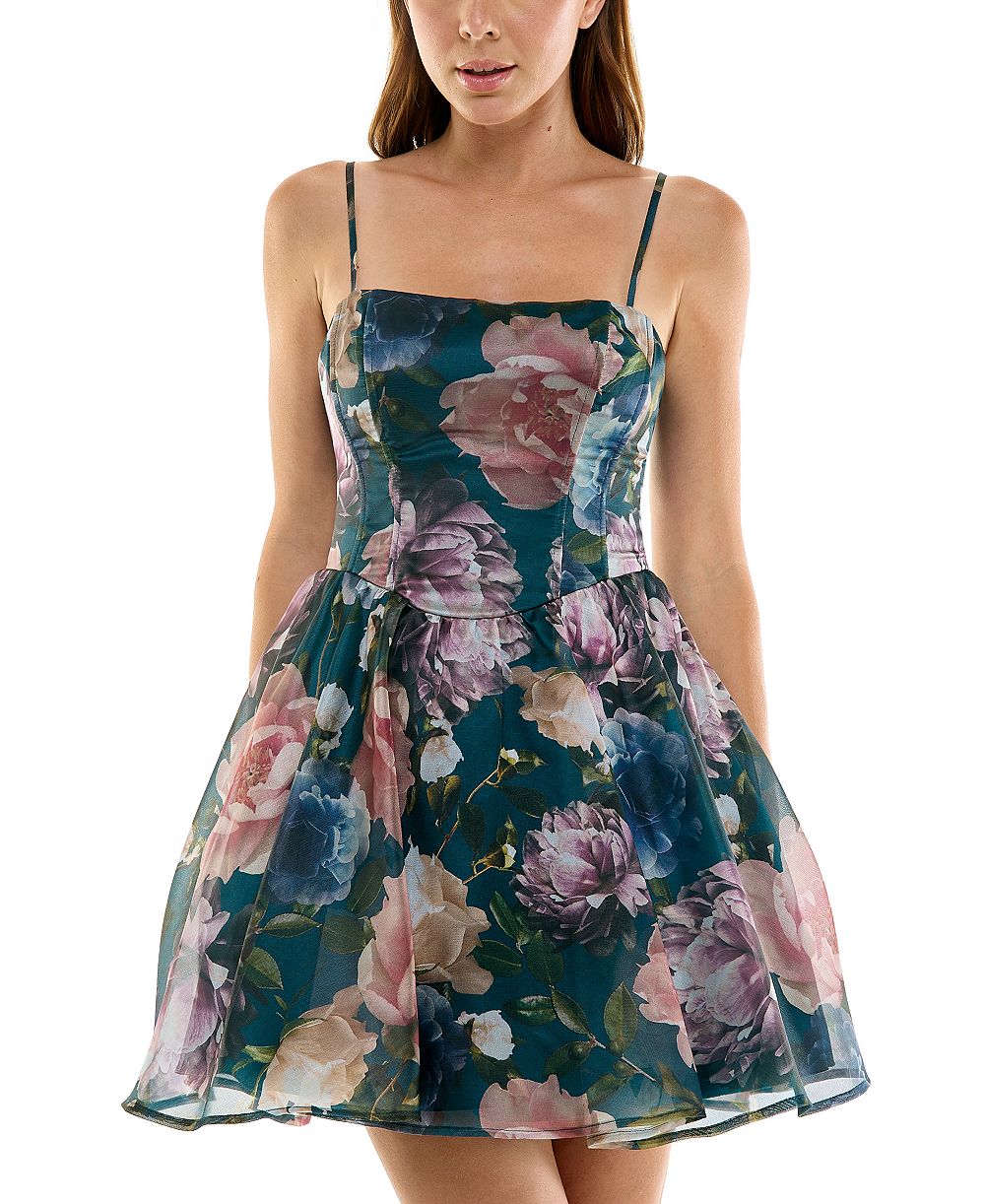 SENI & CADE Juniors' Floral Printed Organza Square Neck Mini Dress