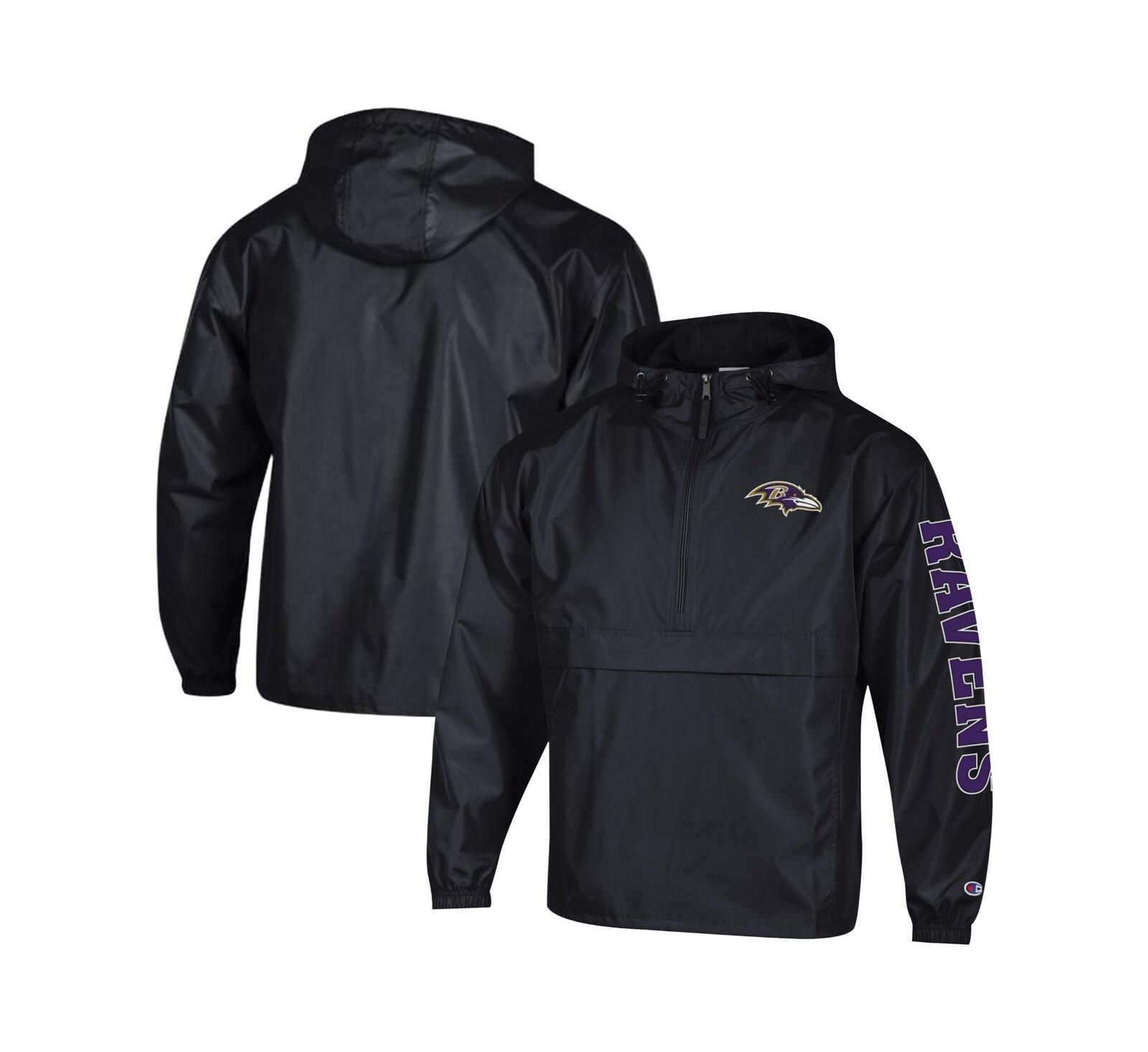Champion Men's Black Baltimore Ravens Packable Hooded Windbreaker Half-Zip Jacket