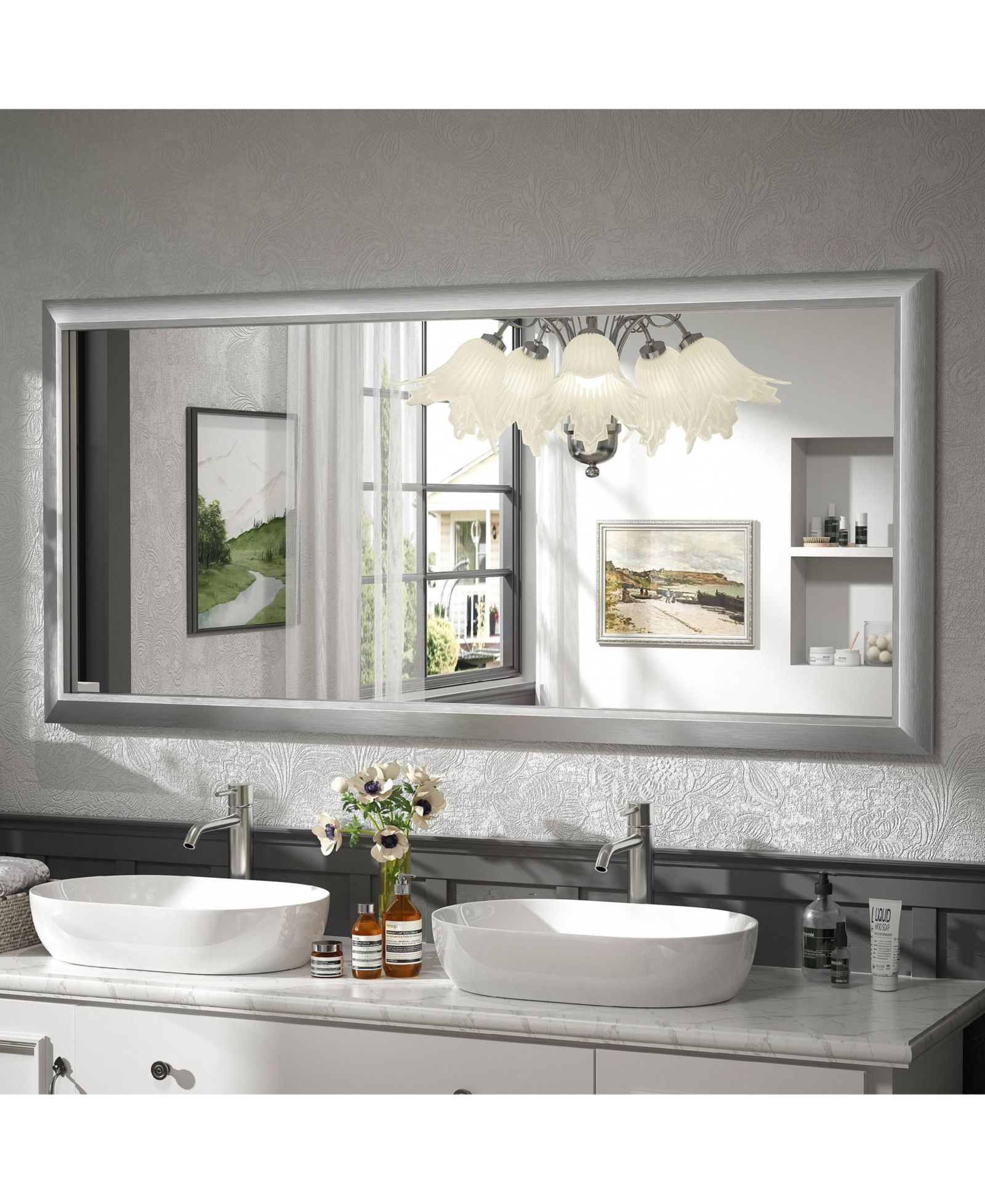 Настенное зеркало Apmir 60" x 28" в металлической раме, прямоугольное, Brushed Silver
