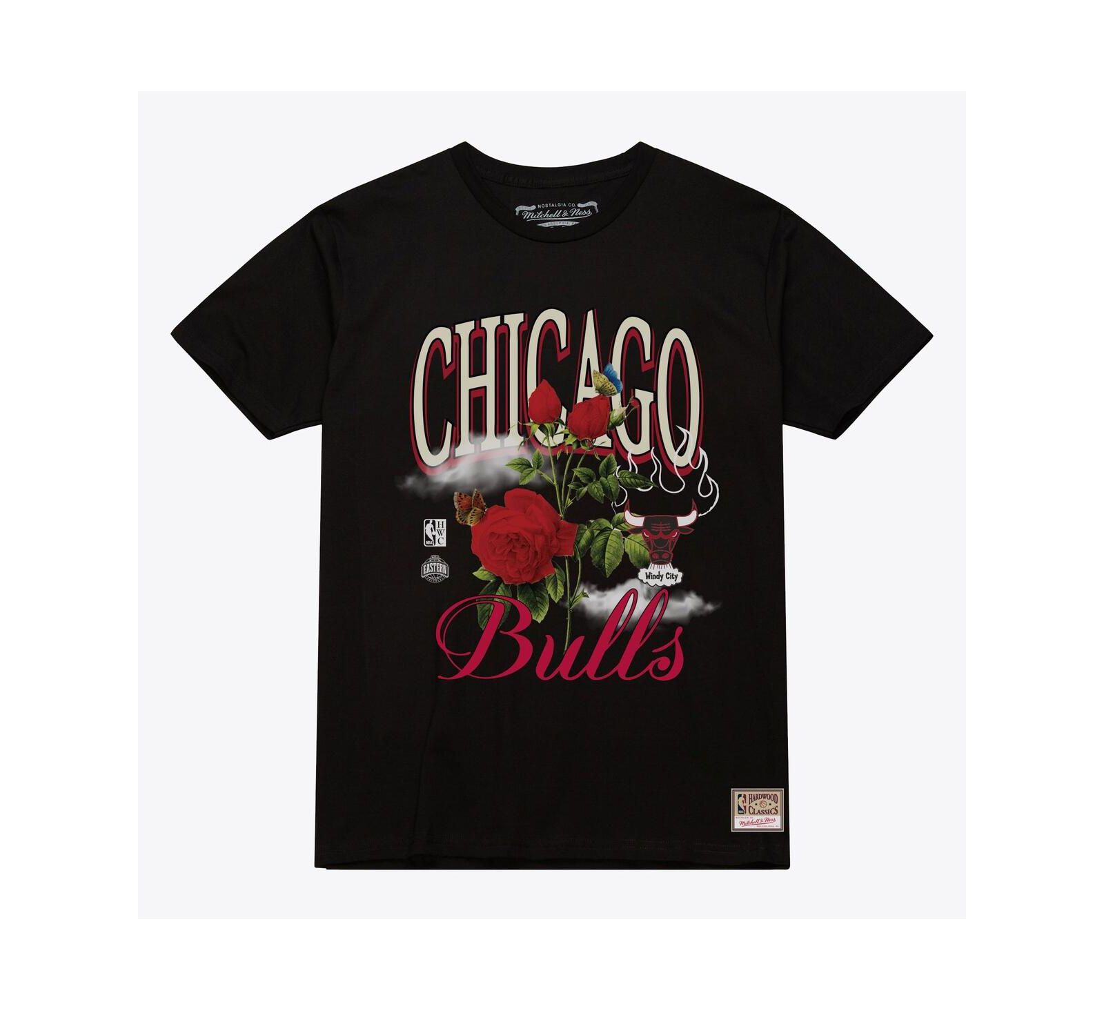 Мужская и женская футболка Mitchell & Ness Black Chicago Bulls с цветочным принтом