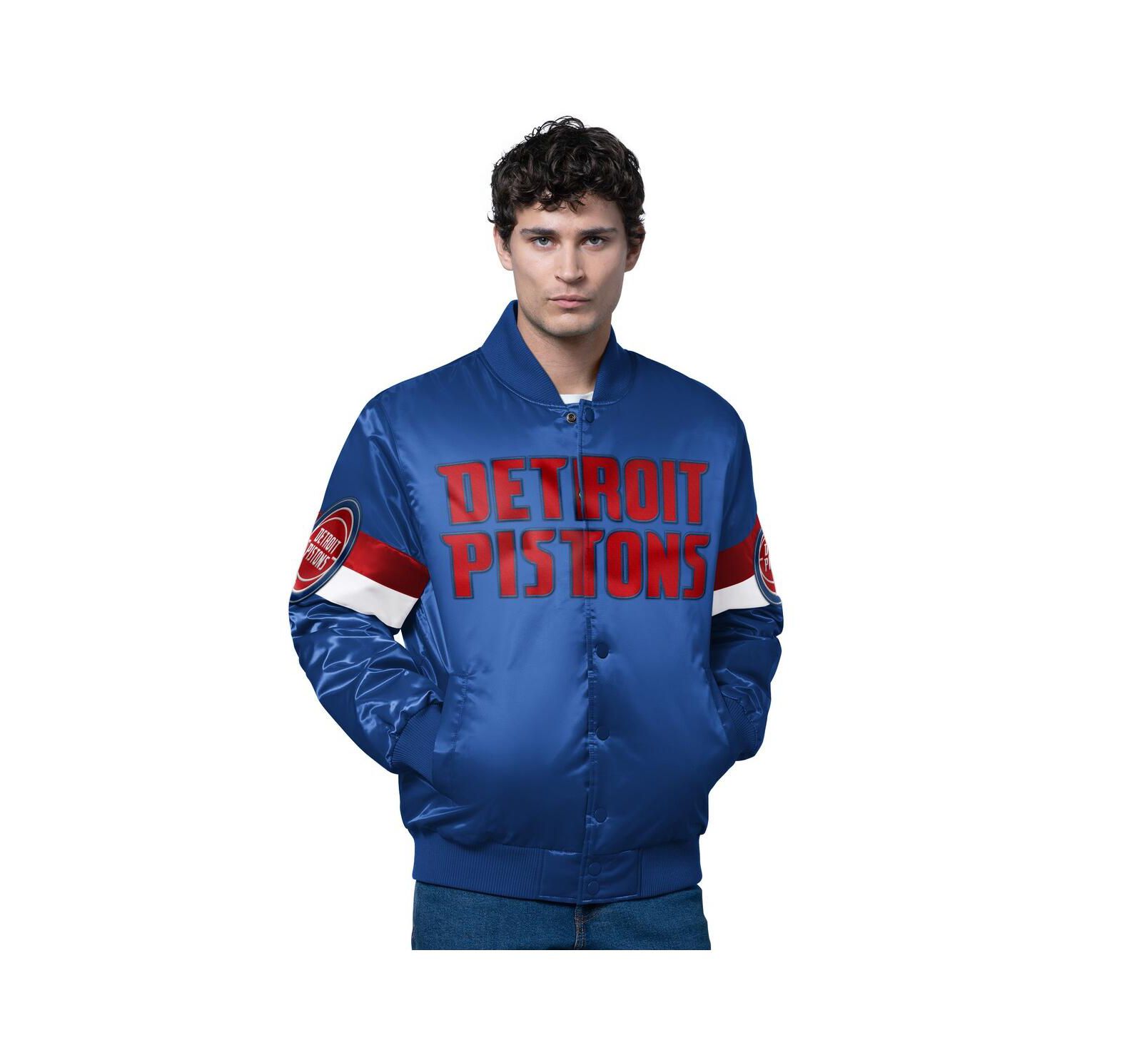Starter Men's Blue Detroit Pistons Triple Option Varsity Full-Snap Satin Jacket