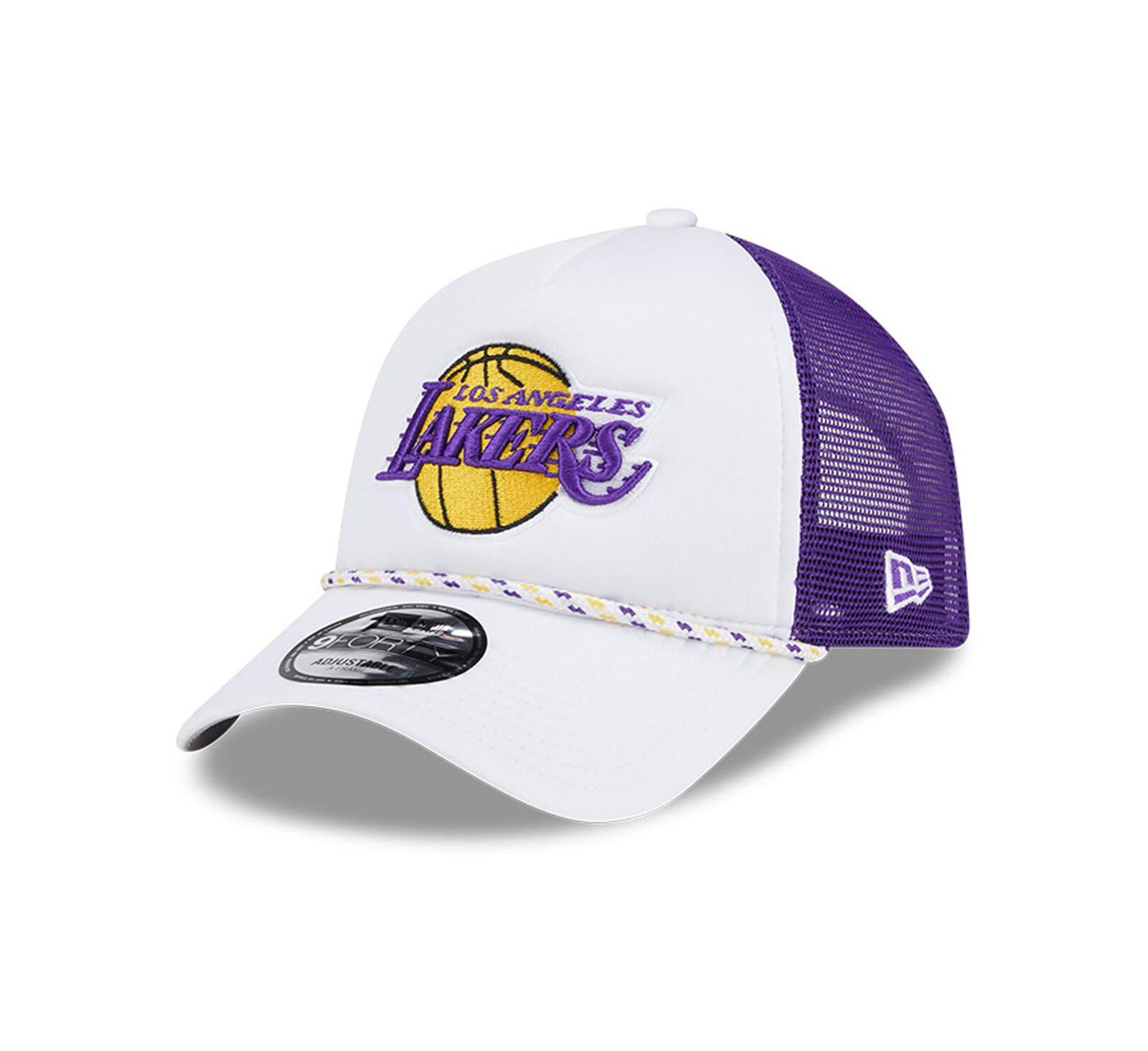 New Era Men's White/Purple Los Angeles Lakers Court Sport Foam A-Frame 9FORTY Adjustable Trucker Hat