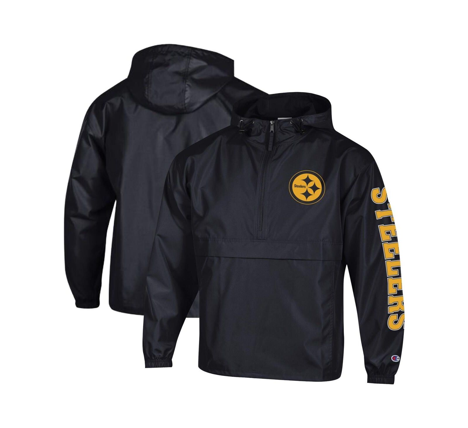 Champion Men's Black Pittsburgh Steelers Packable Hooded Windbreaker Half-Zip Jacket