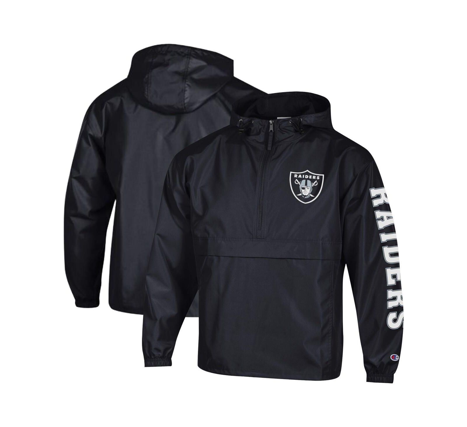 Champion Men's Black Las Vegas Raiders Packable Hooded Windbreaker Half-Zip Jacket