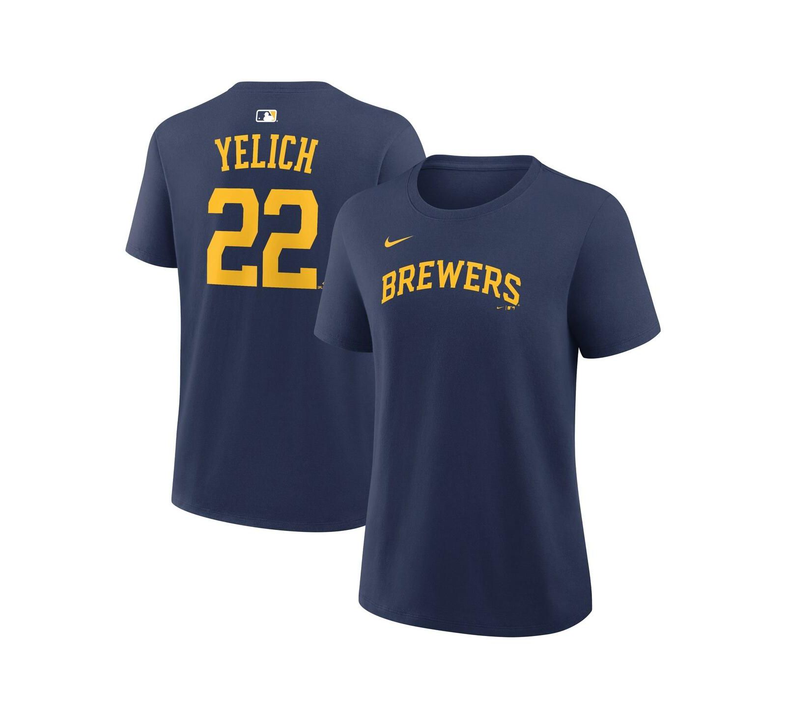 Nike Женская футболка Milwaukee Brewers с именем и номером Christian Yelich, темно-синяя
