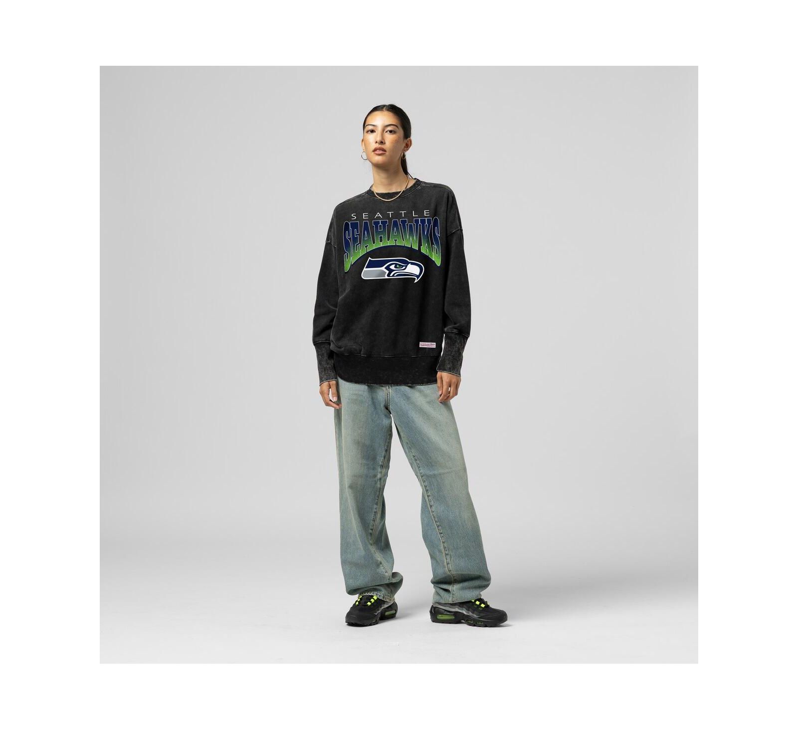 Mitchell & Ness Women's Black Seattle Seahawks Delineate Mineral Wash Crewneck Sweatshirt