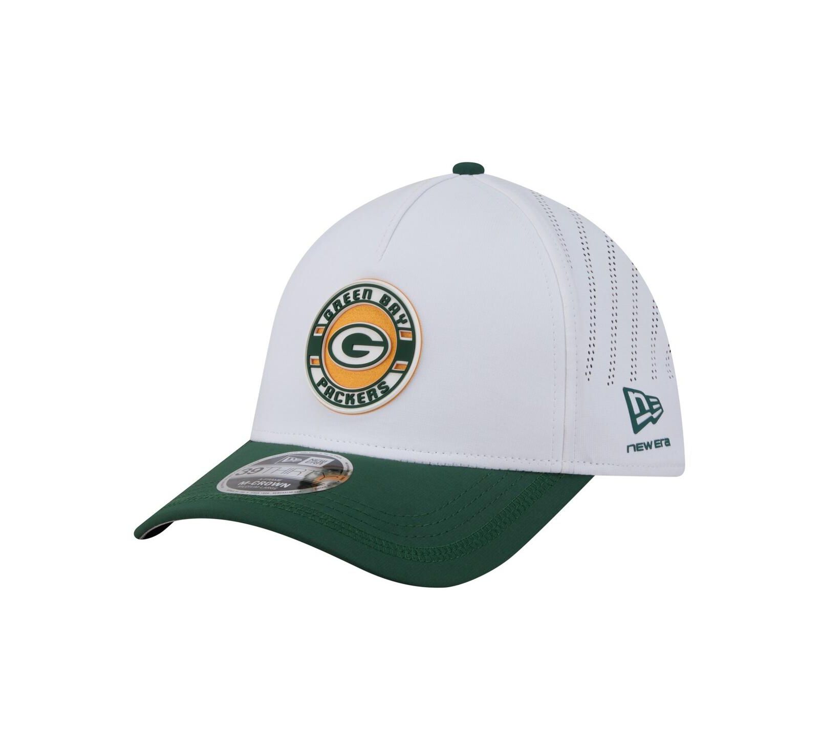 Мужская кепка New Era Green Bay Packers Patch 39THIRTY A-Frame M-Crown Perforated Flex, белый и зеленый цвета